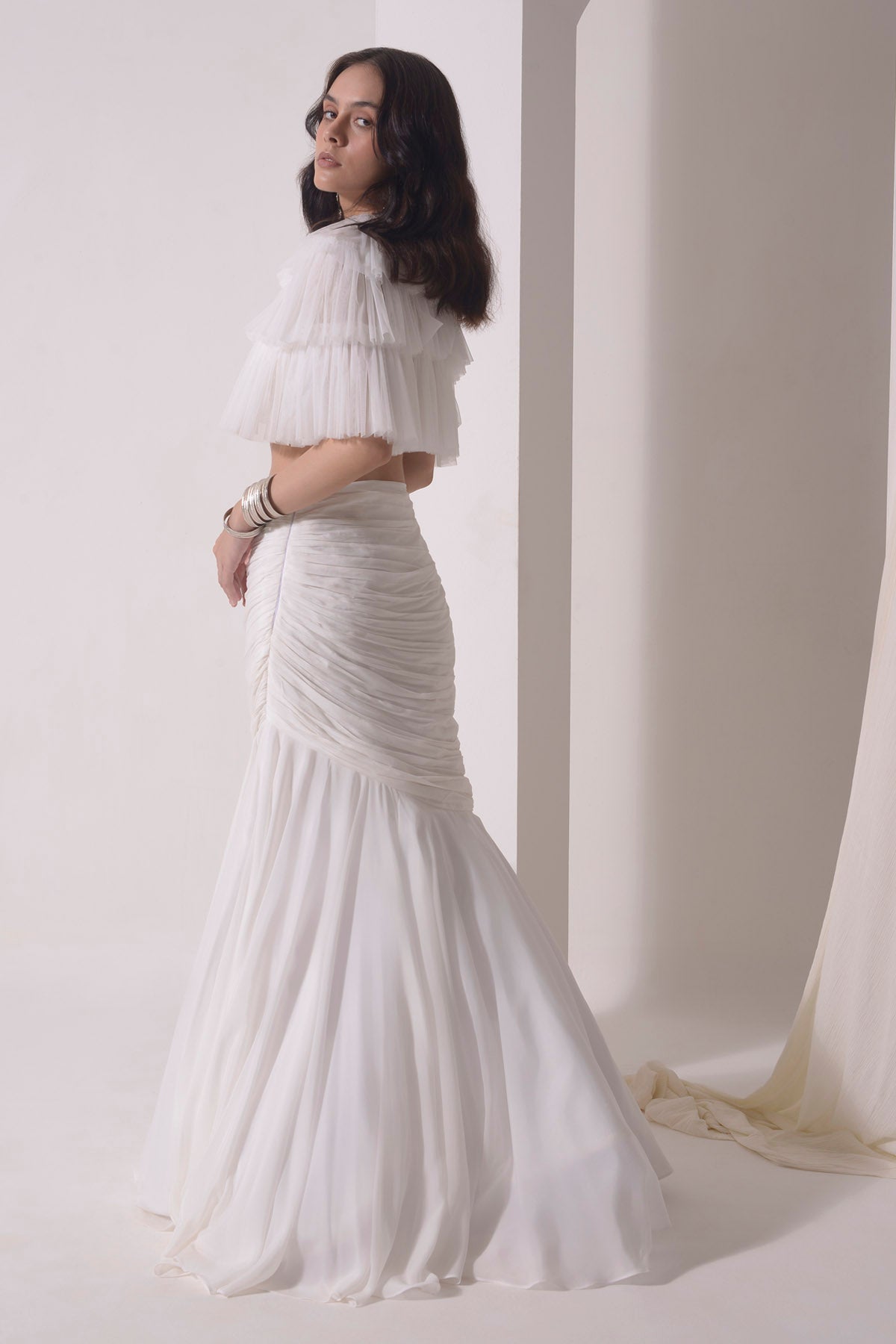 Ecru Fish Cut Layered Lehenga Set