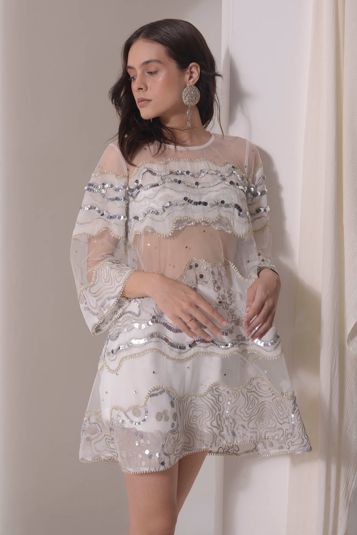 Ecru Patchwork Embroidered Mini Dress