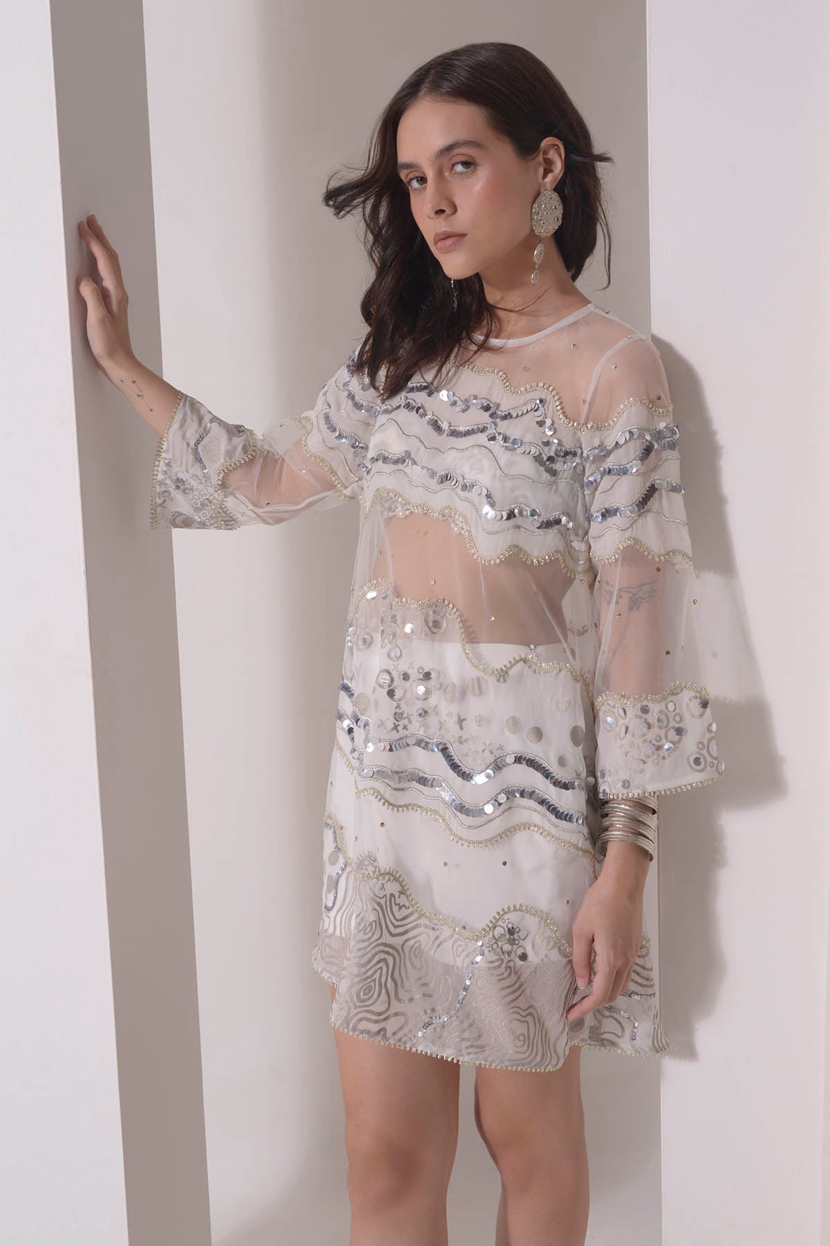 Ecru Patchwork Embroidered Mini Dress