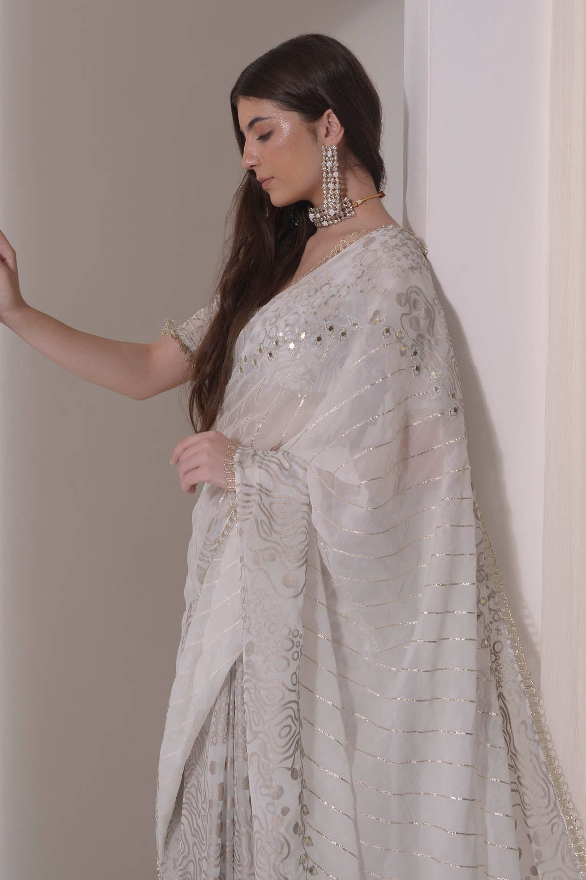 Ecru Patchwork Embroidered Saree Set