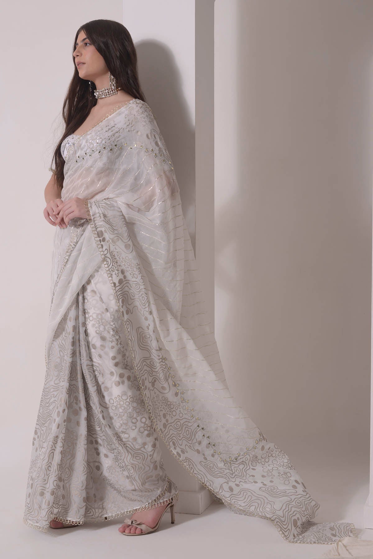 Ecru Patchwork Embroidered Saree Set