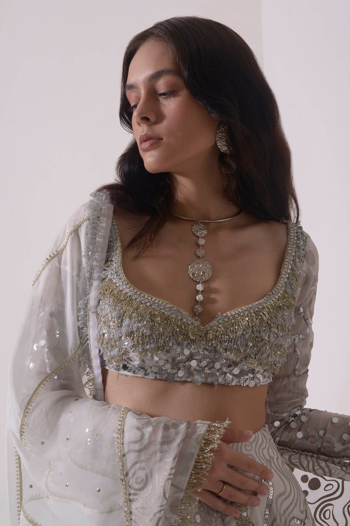 Ecru Sequins Embroidered Lehenga Set