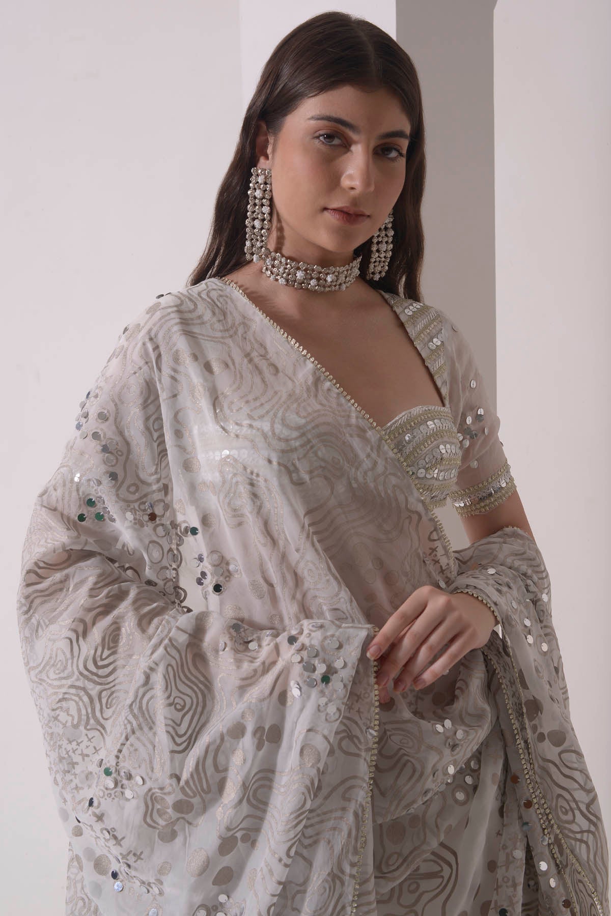 Ecru Tiered Embroidered Lehenga Set