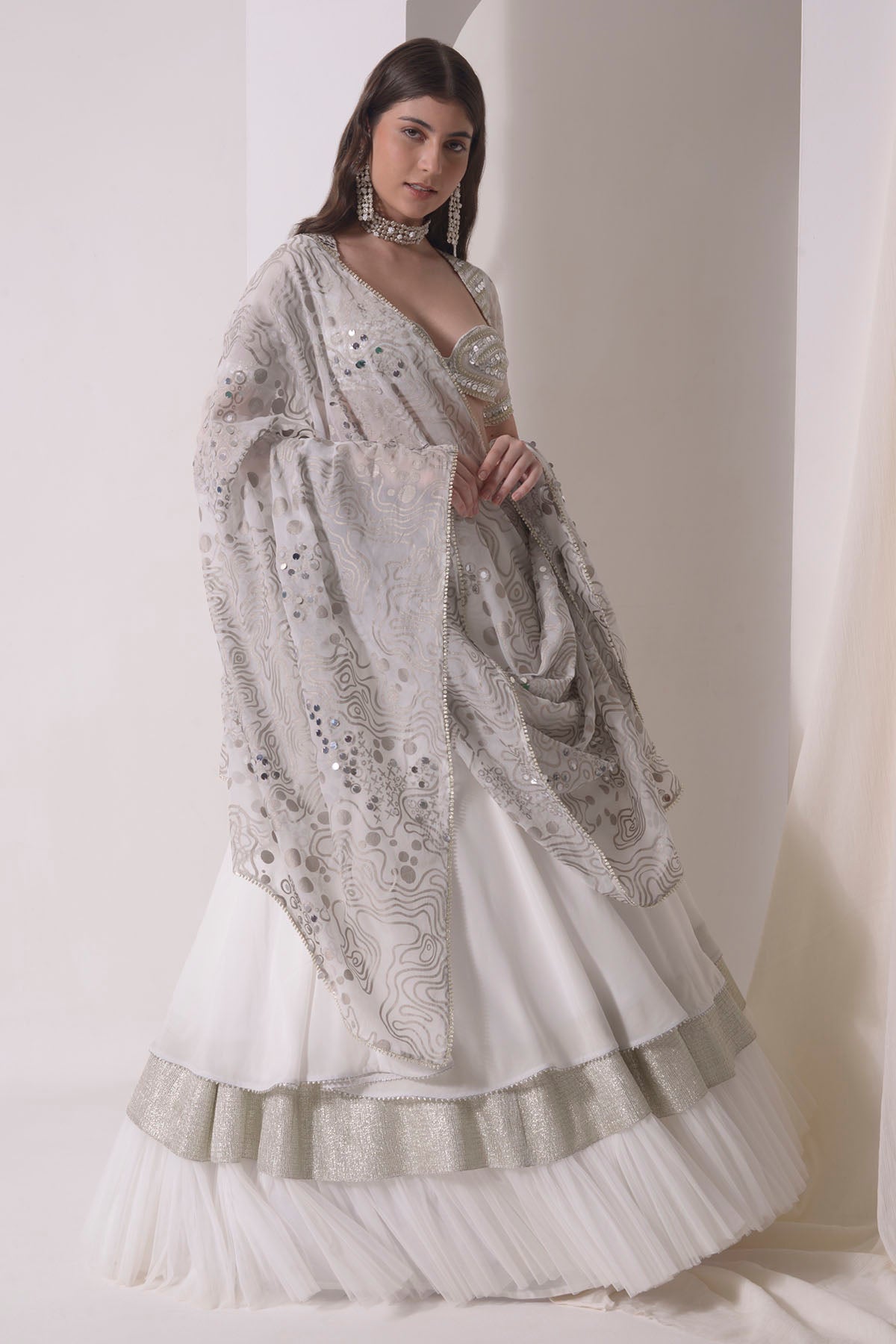 Ecru Tiered Embroidered Lehenga Set