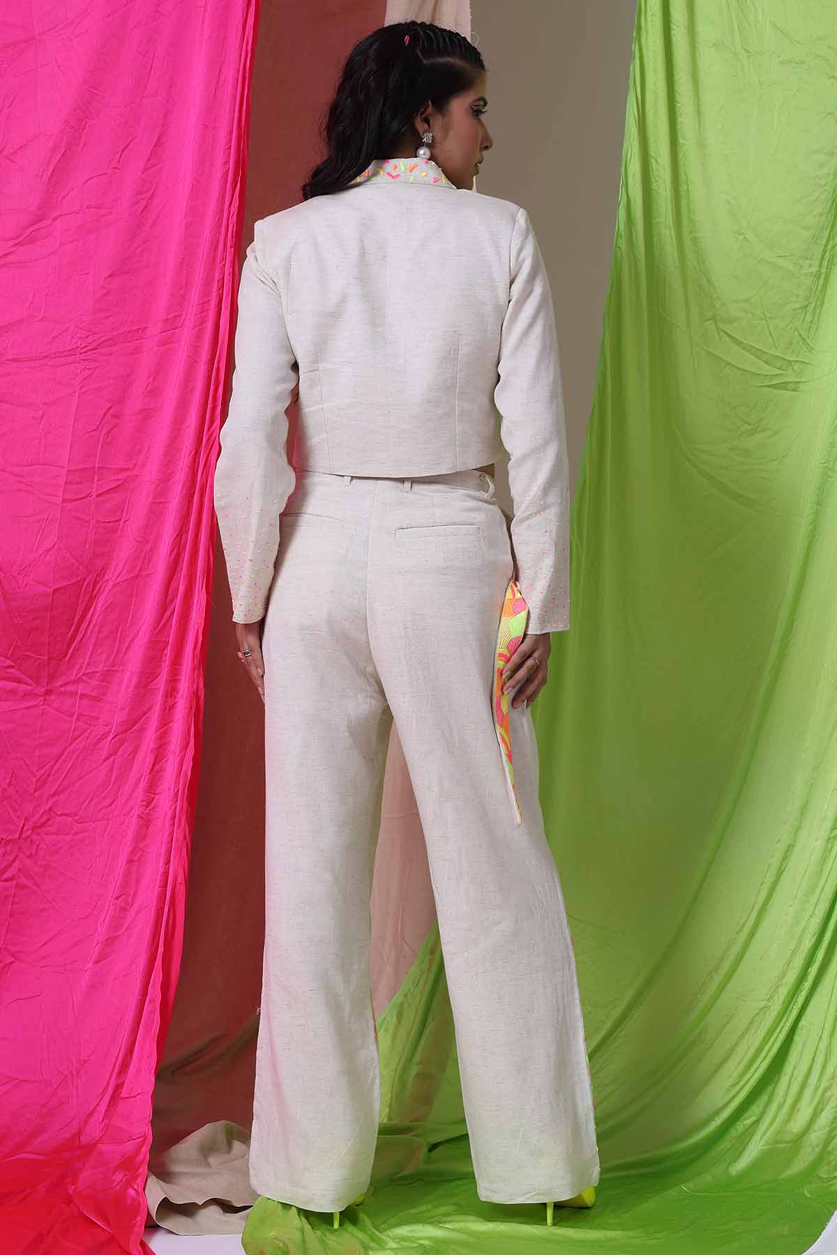 Ecru Crop Jacket & Stripes Pants