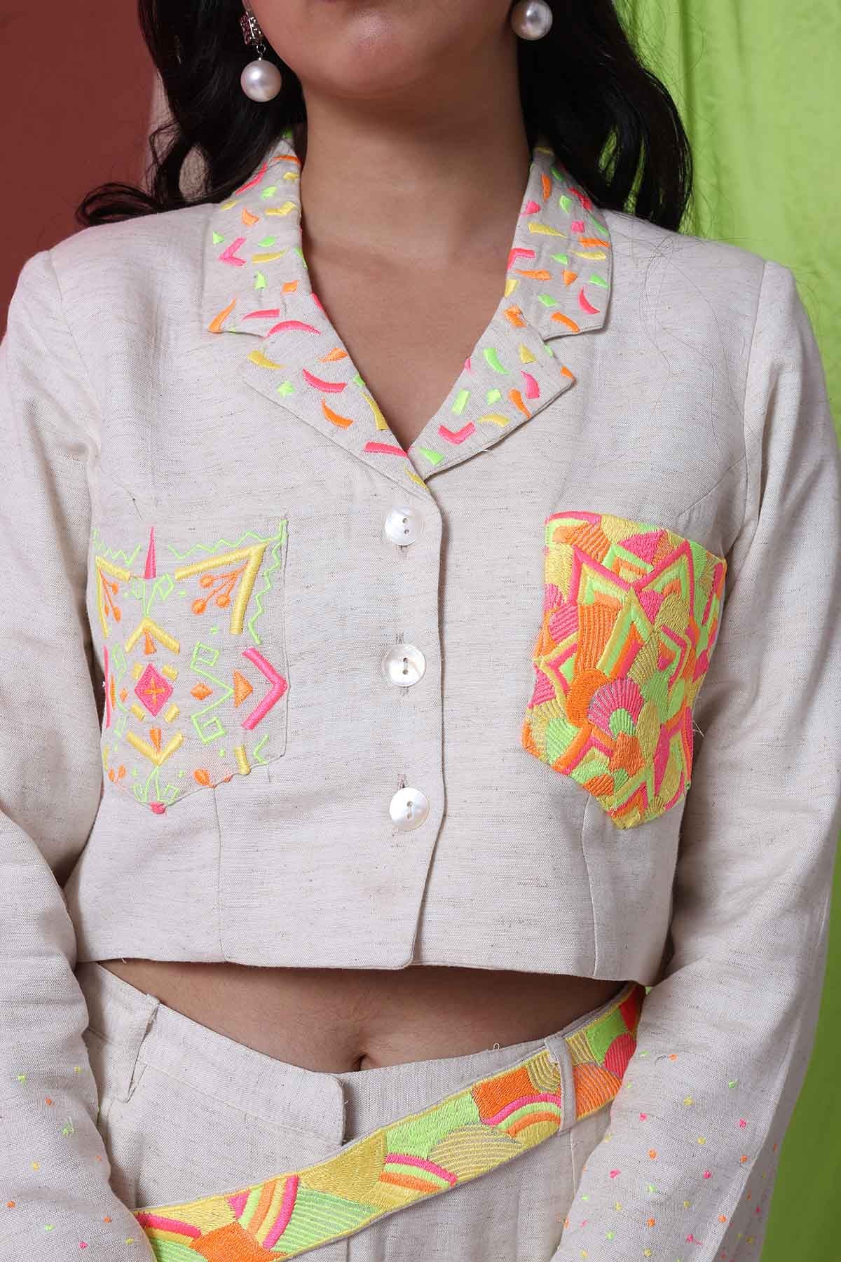 Ecru Crop Jacket & Stripes Pants