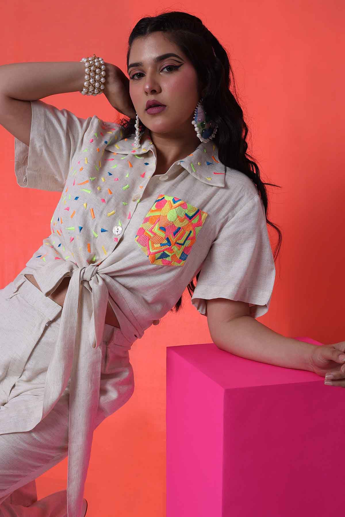 Ecru Embellished Shirt & Pants