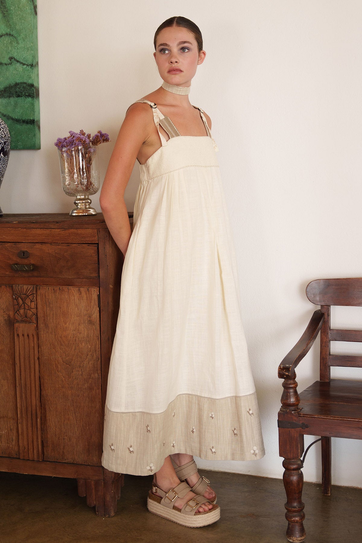 Ecru Linen Embroidered Dress