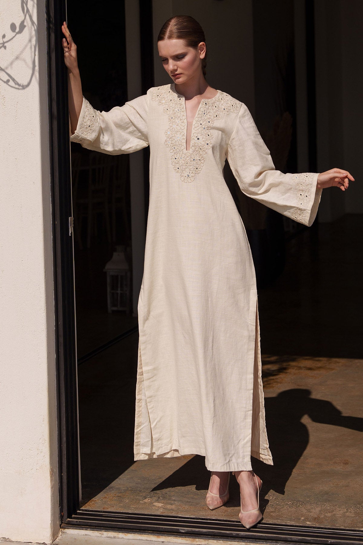 Buy Ecru Linen Embroidered Kaftan by Shruti Sancheti for women online at ScrollnShops