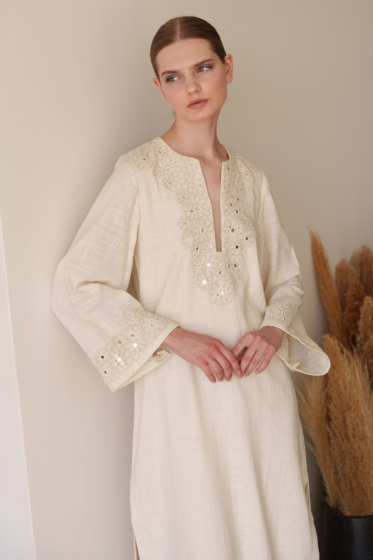 Ecru Linen Embroidered Kaftan