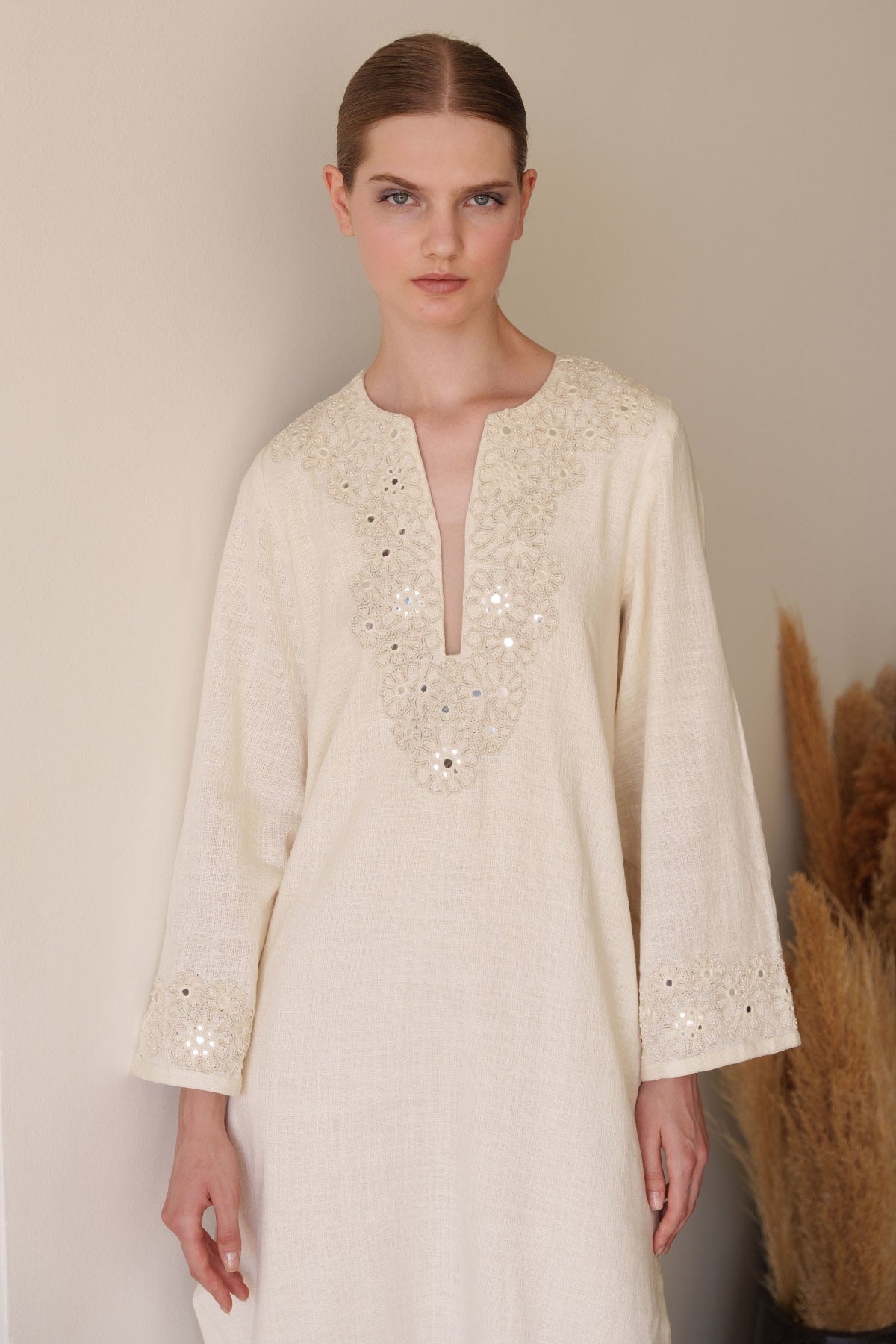 Ecru Linen Embroidered Kaftan