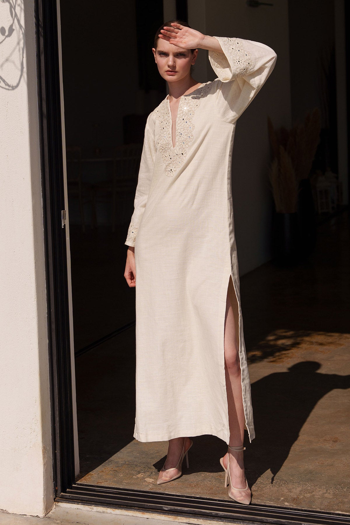Ecru Linen Embroidered Kaftan
