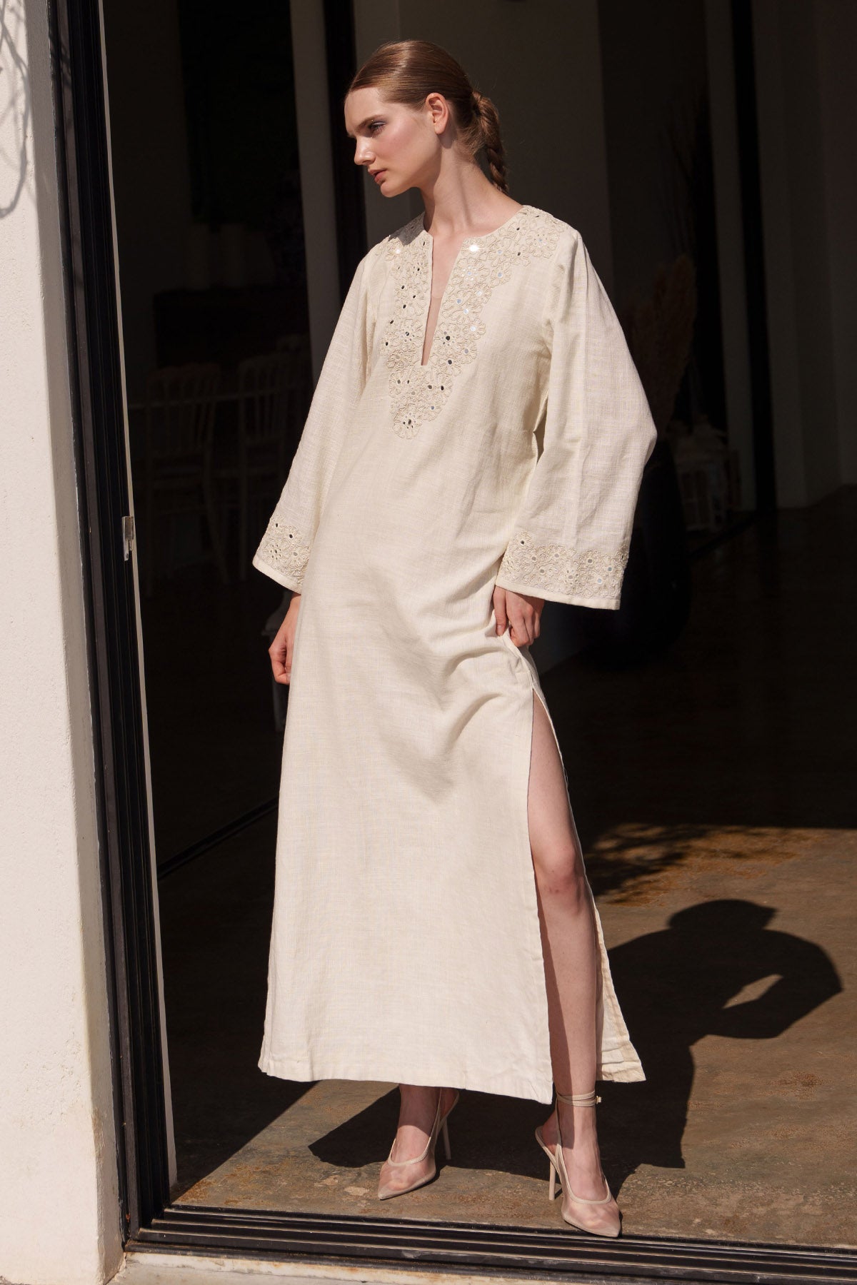 Ecru Linen Embroidered Kaftan