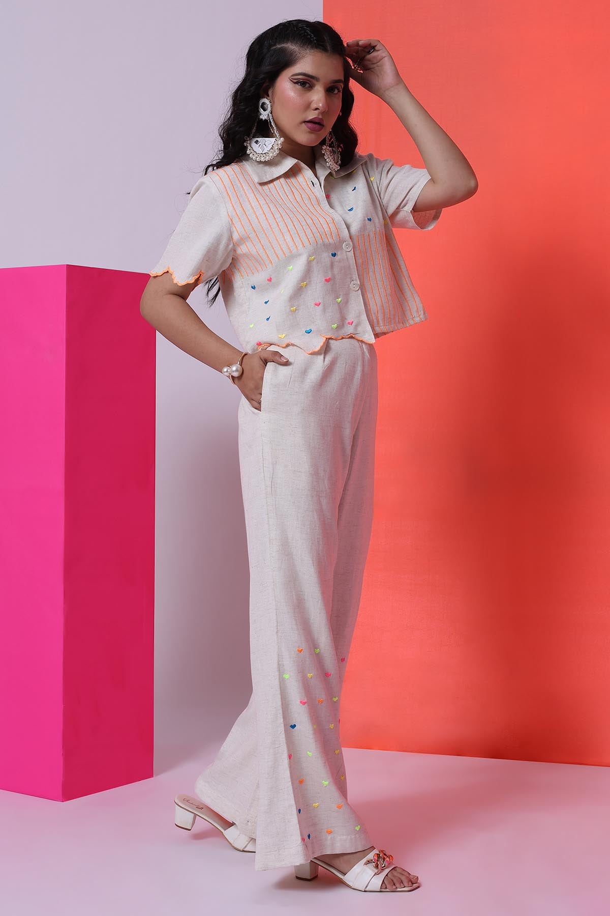 Ecru Viscose Stripes Co-ord Set