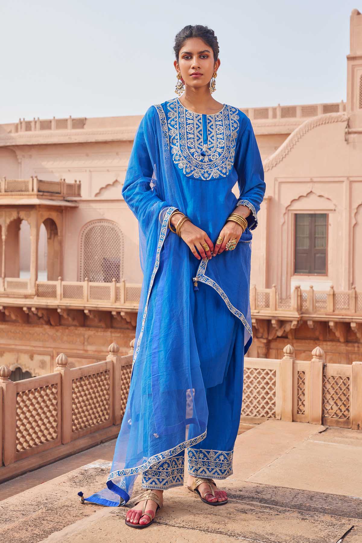 Chanderi Silk Blue Kurta Set