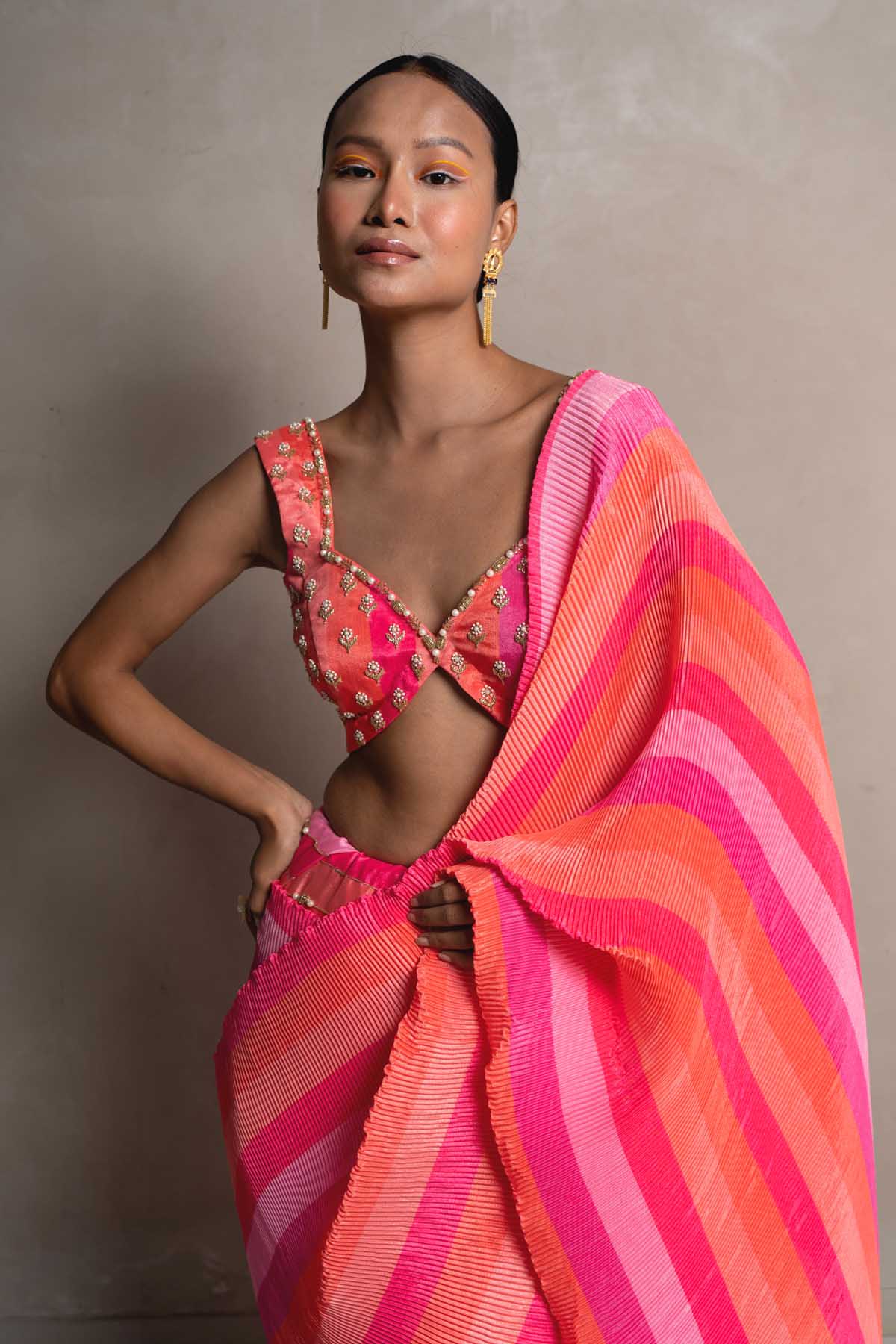 Orange Pink Saree Set
