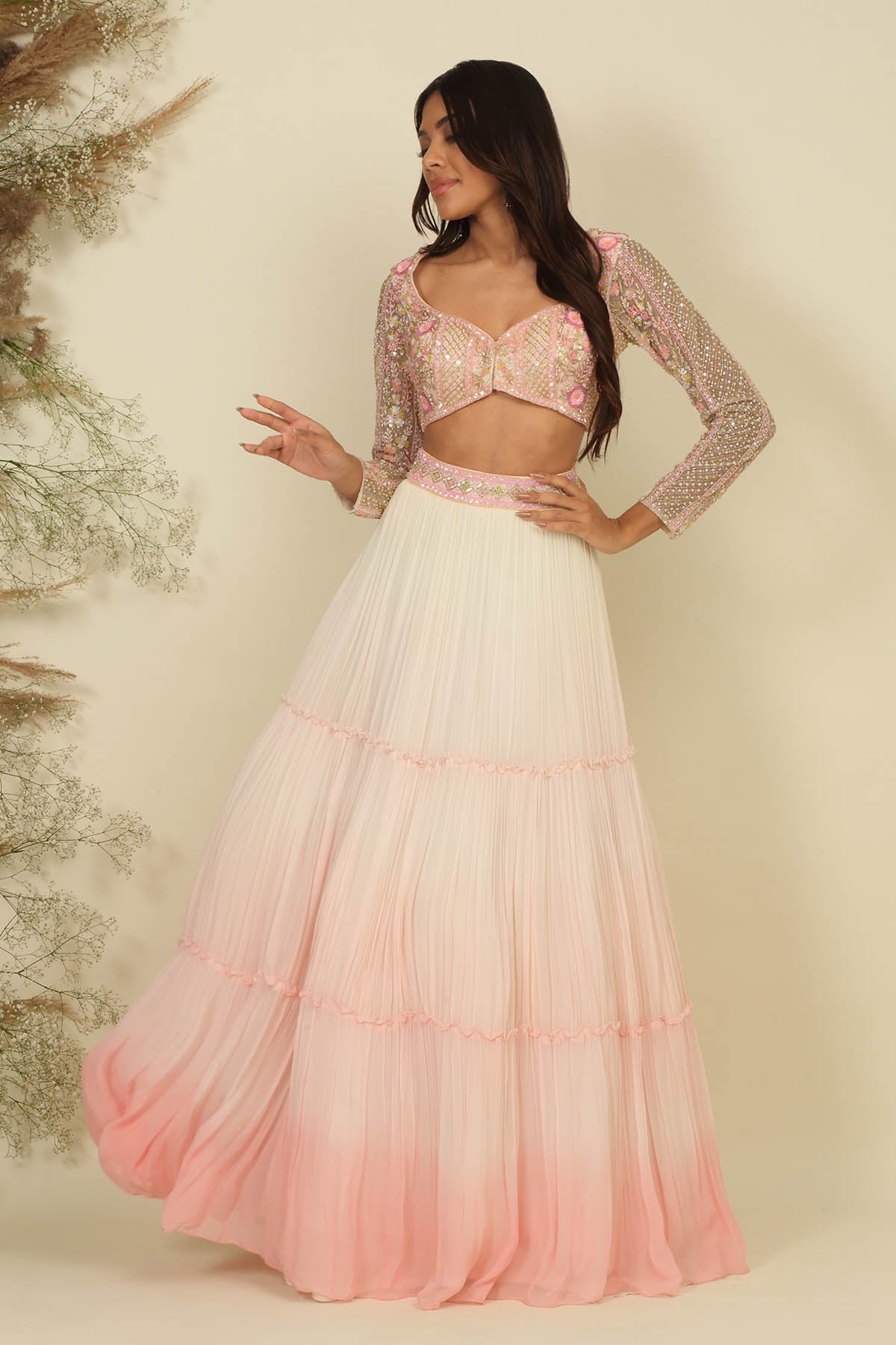 Embellished Tiered Lehenga Set