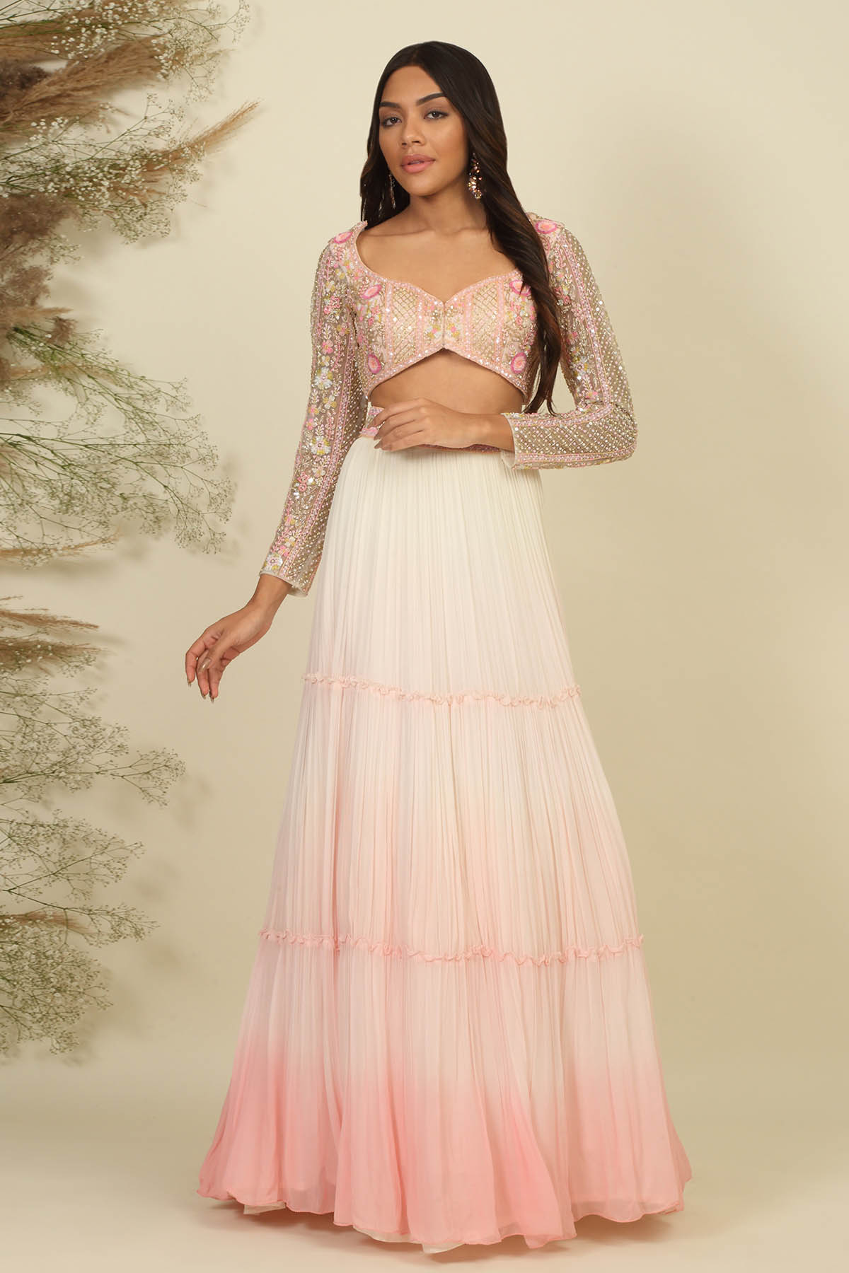 Embellished Tiered Lehenga Set