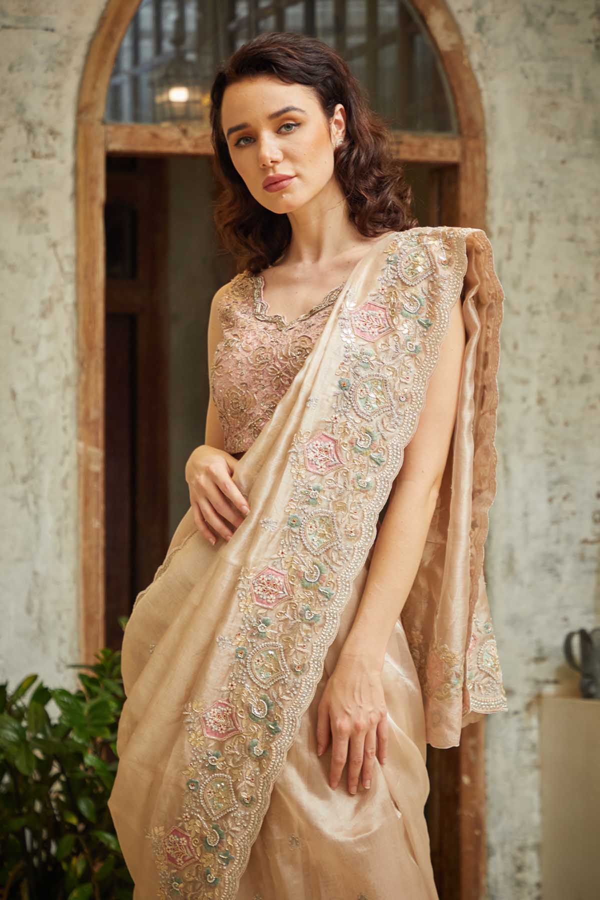 Embroidered Beige Saree