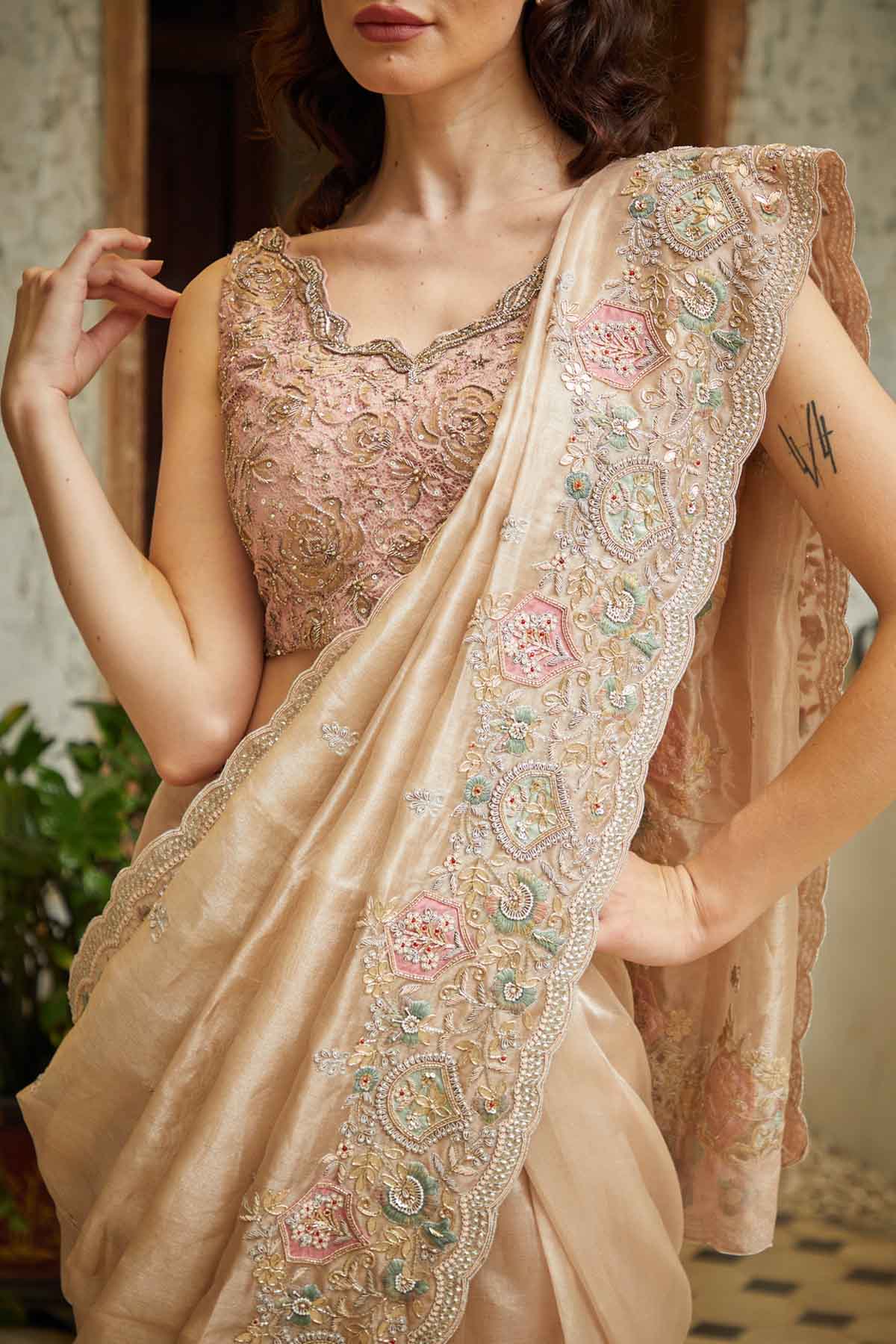 Embroidered Beige Saree