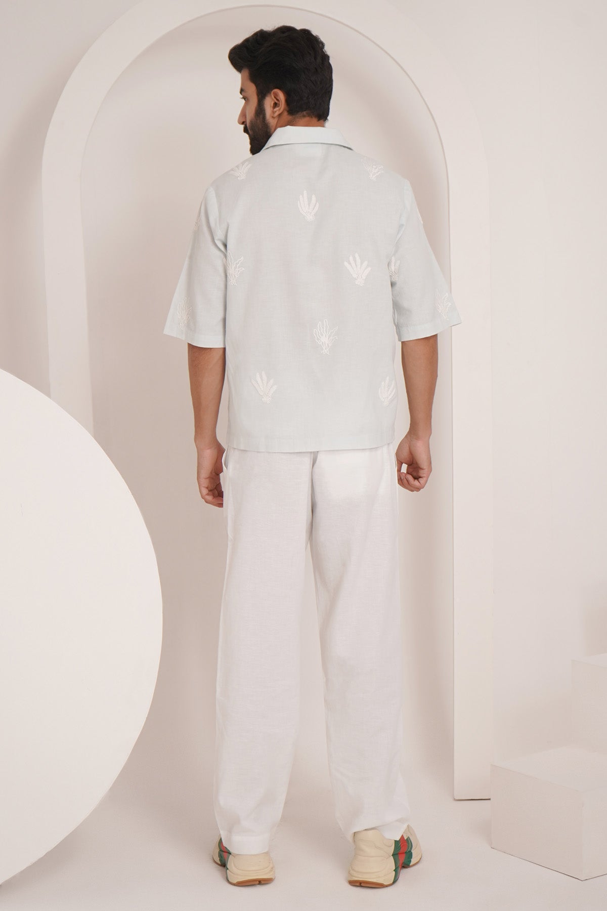 Aqua White Cotton Linen Shirt