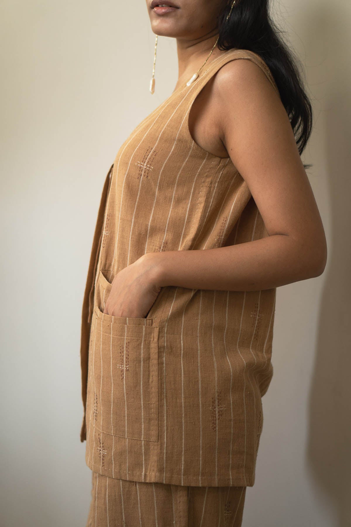 Brown Cotton Long Vest