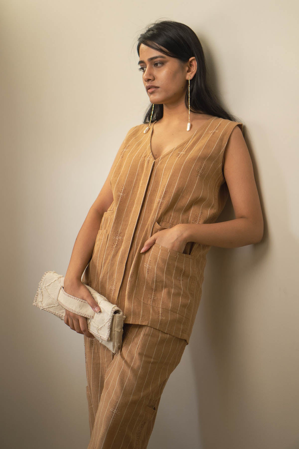 Brown Cotton Long Vest