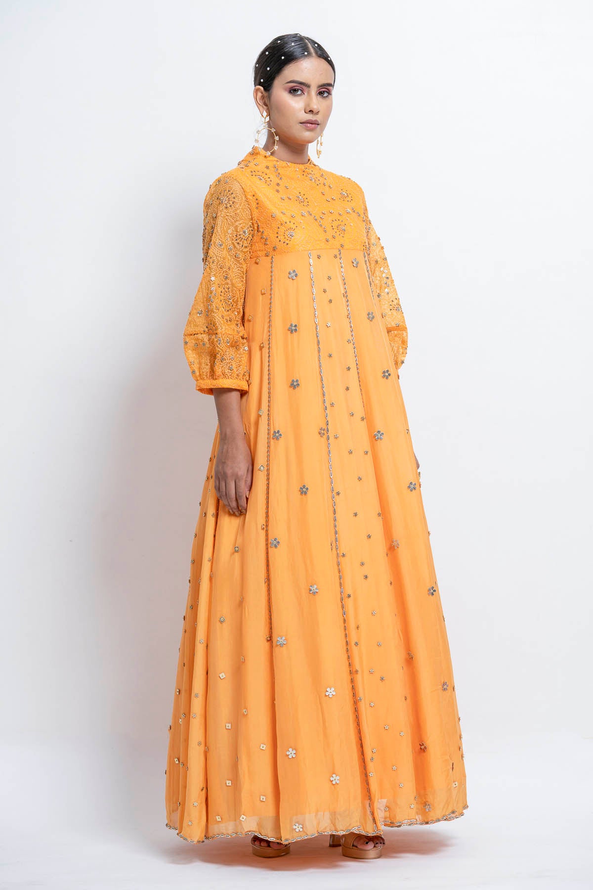 Yellow Embroidered Flared Gown