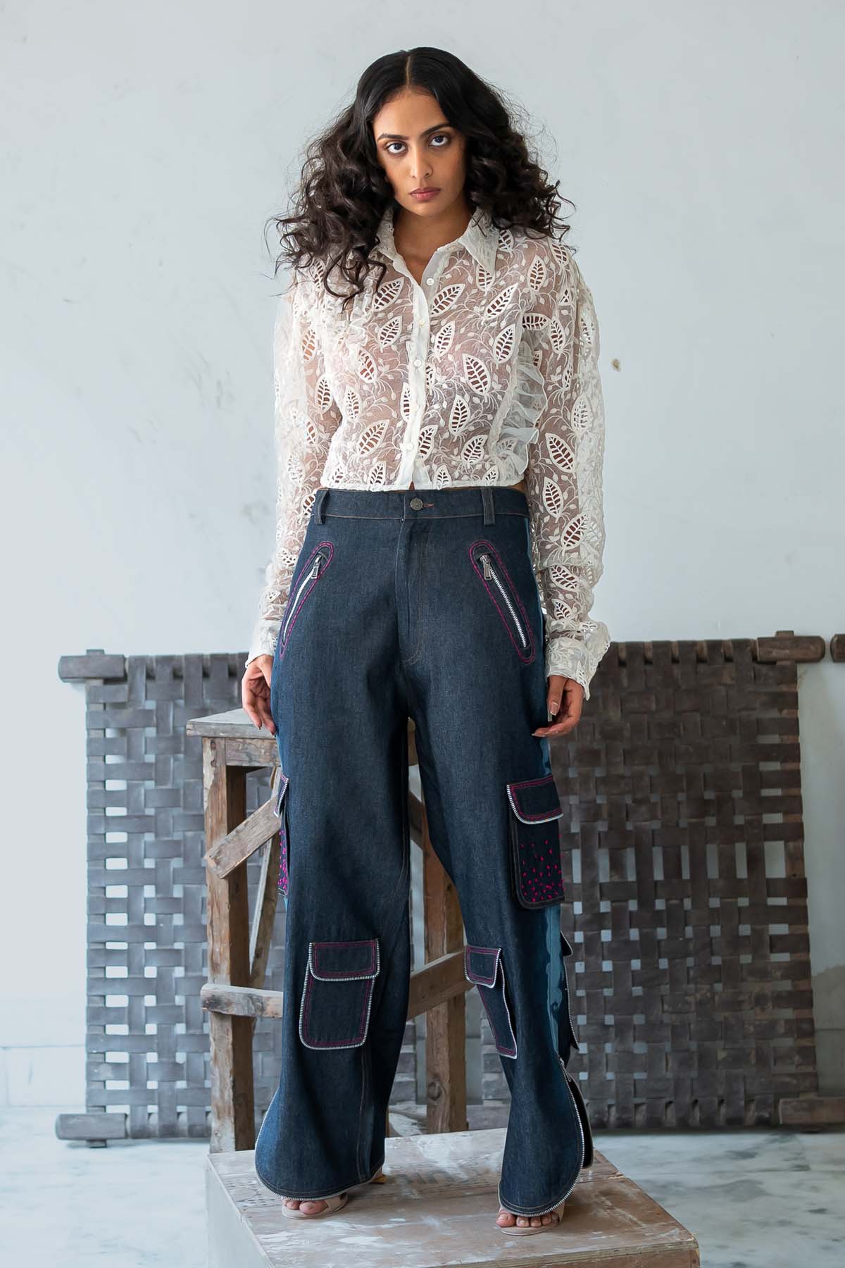 Embroidered Frill Crop Top