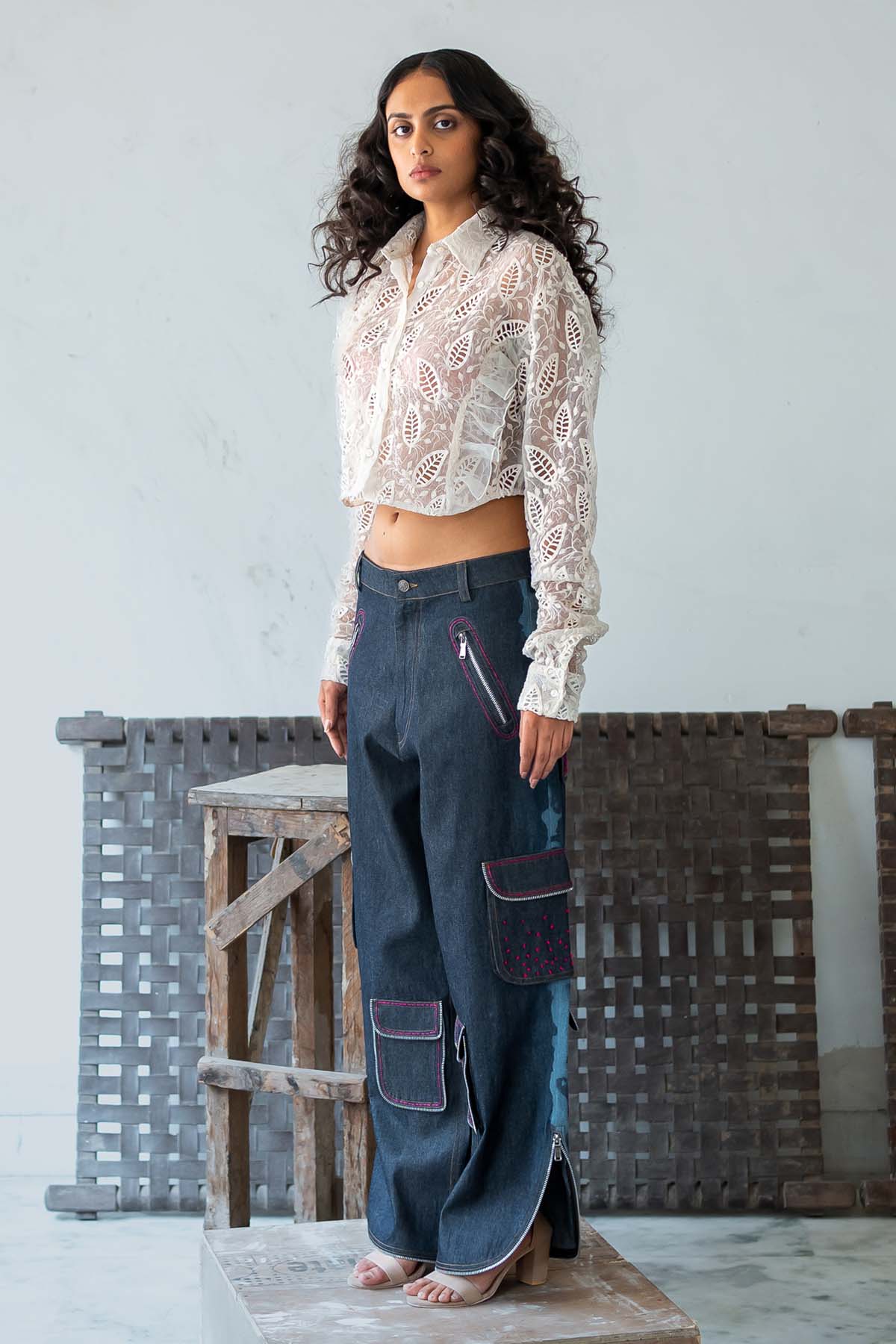 Embroidered Frill Crop Top