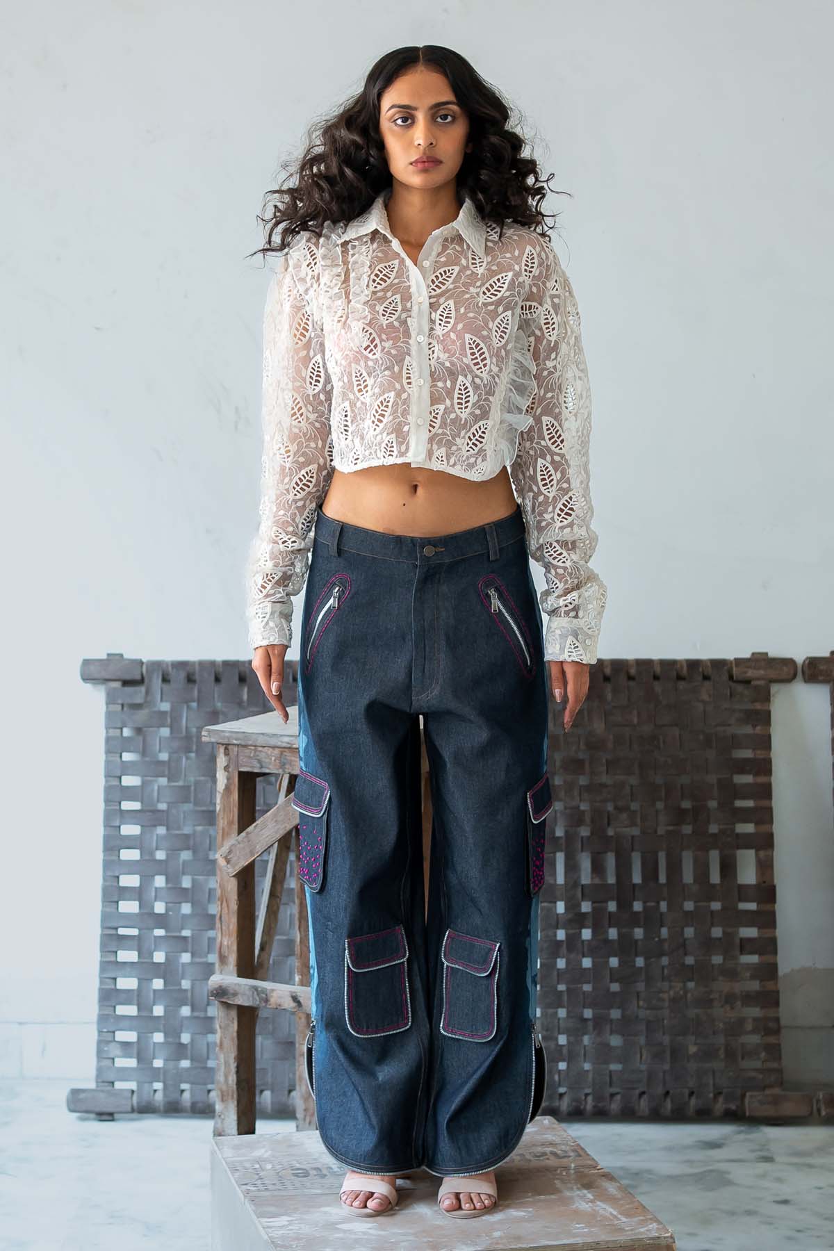 Embroidered Frill Crop Top