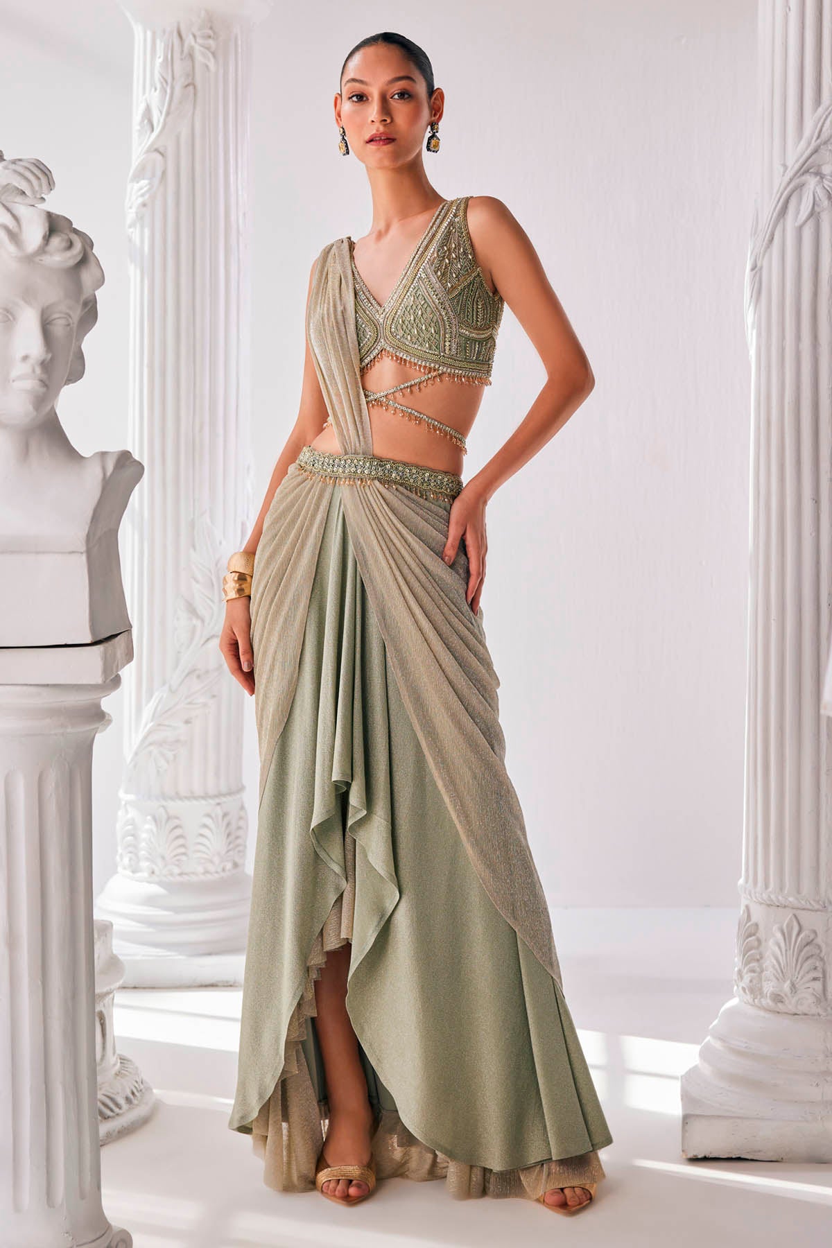 Embroidered Jade Draped Saree