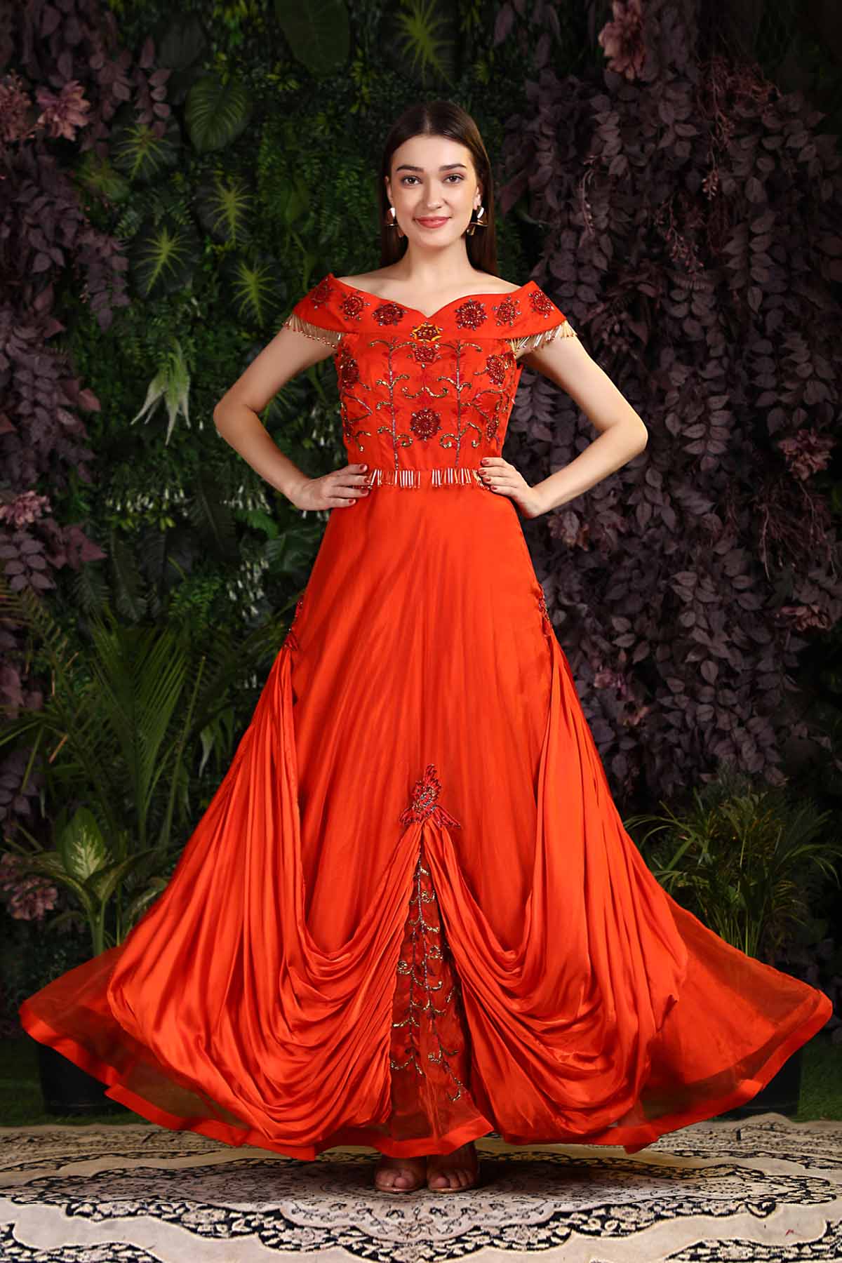 Embroidered Off Shoulder Gown