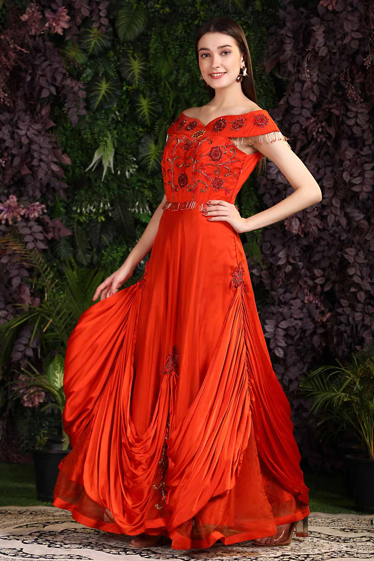 Embroidered Off Shoulder Gown