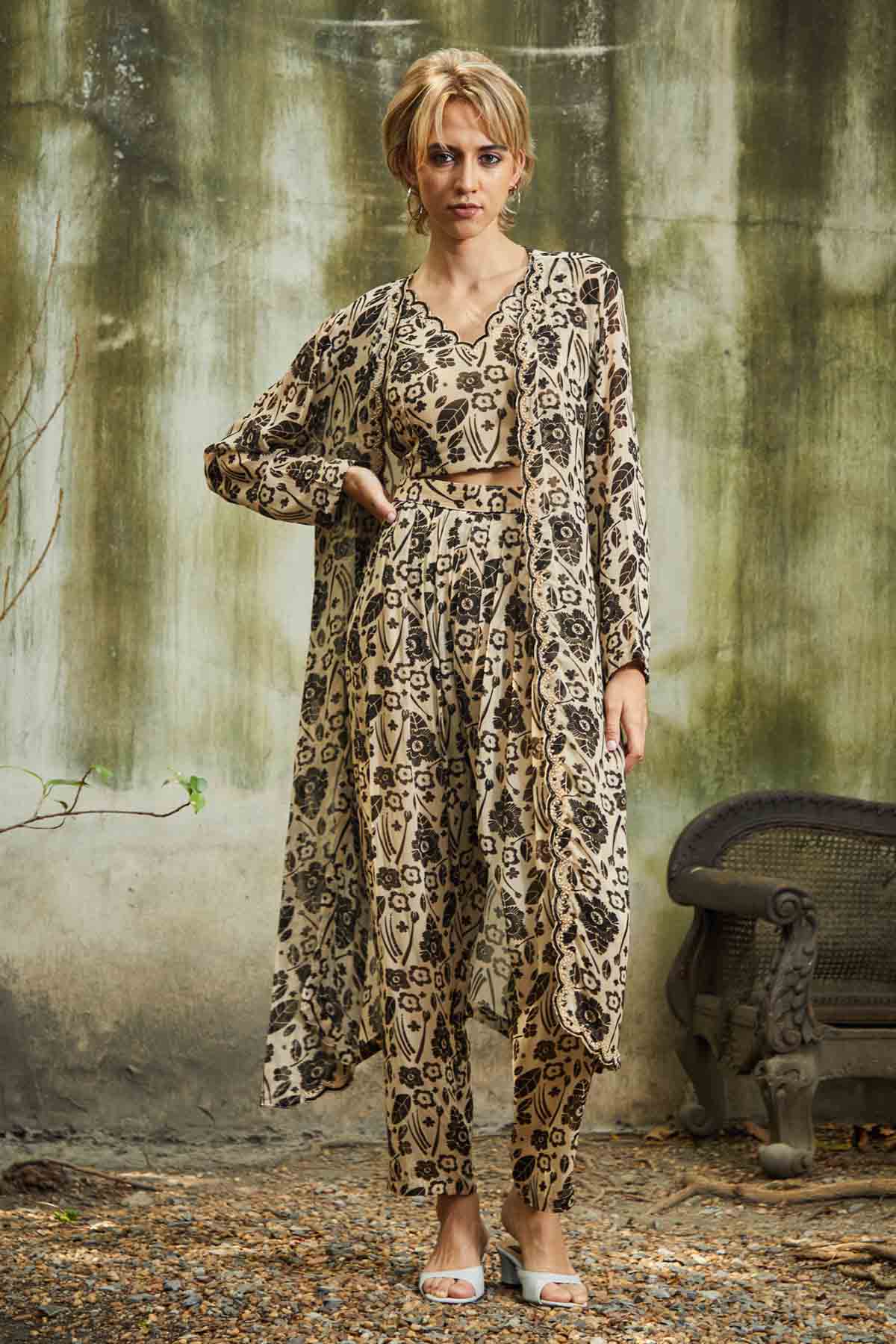 Beige & Black Embroidered Dhoti Set