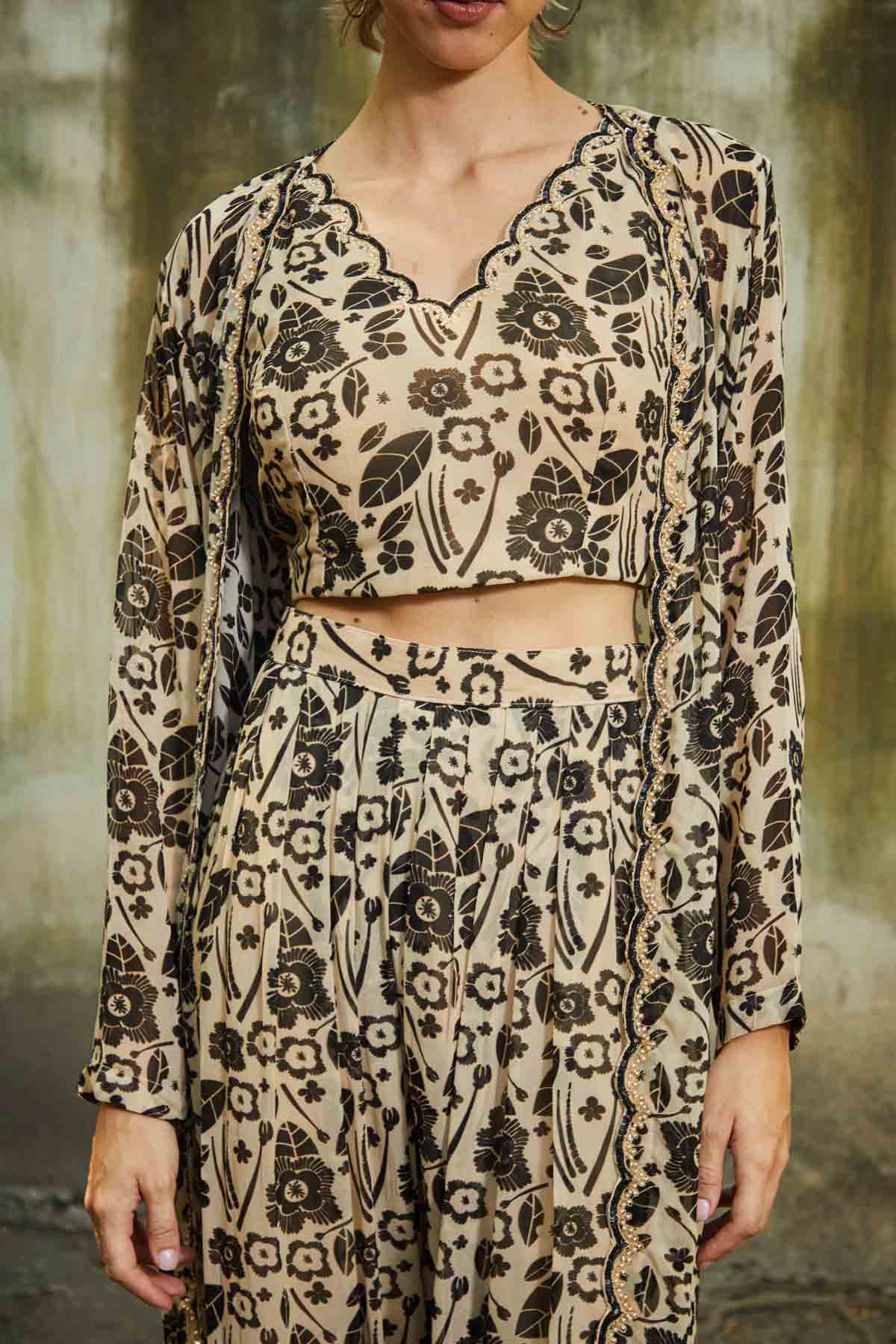 Beige & Black Embroidered Dhoti Set