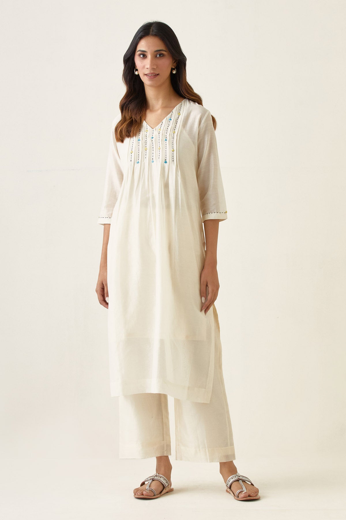 White & Lime Chanderi Kurta Set