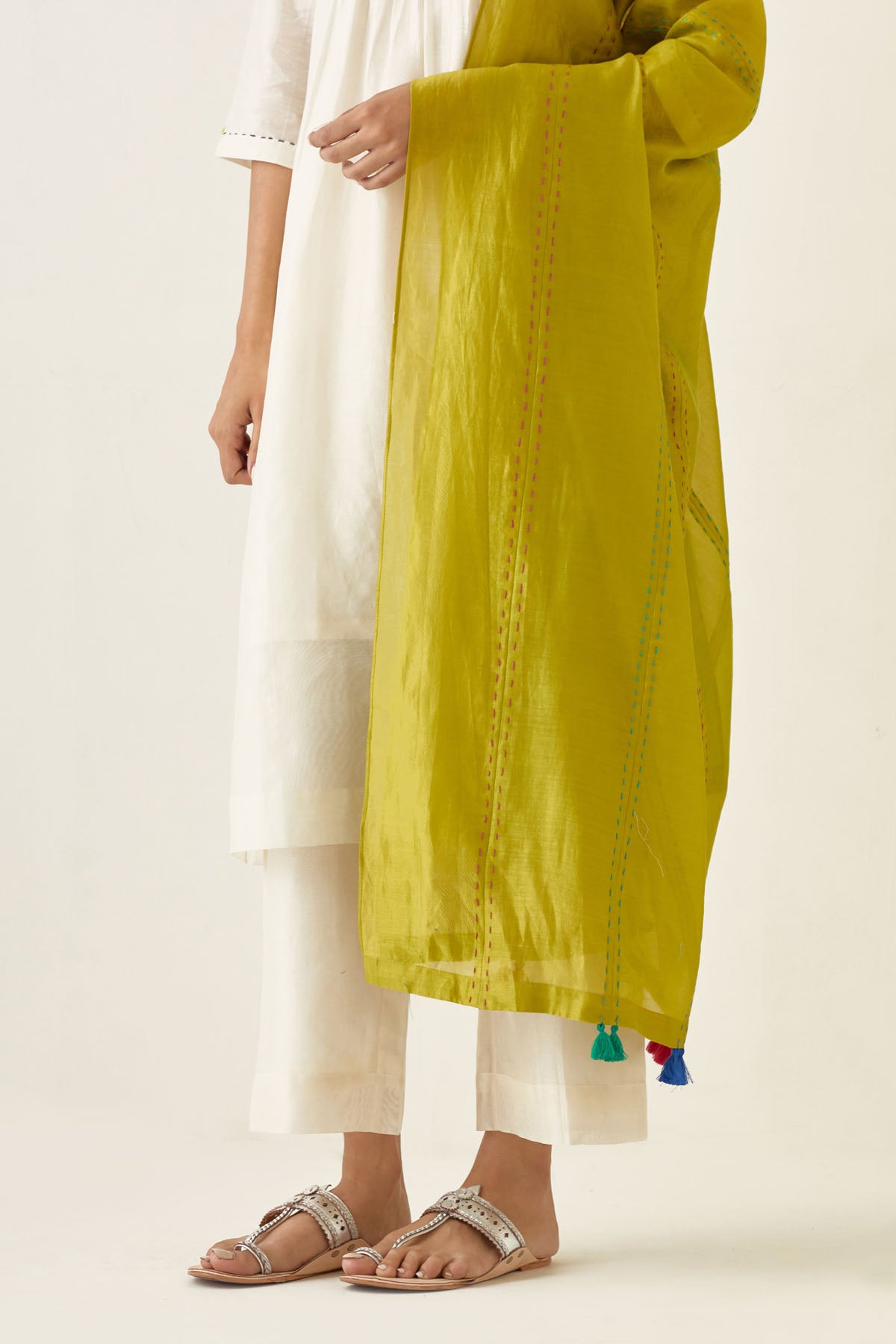 White & Lime Chanderi Kurta Set