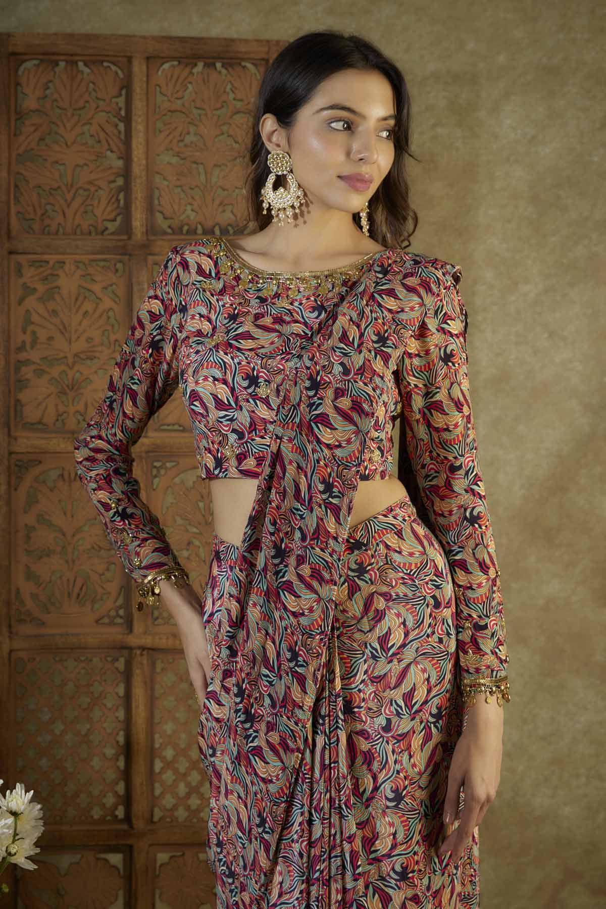 Embroidered Pre Drape Saree Set