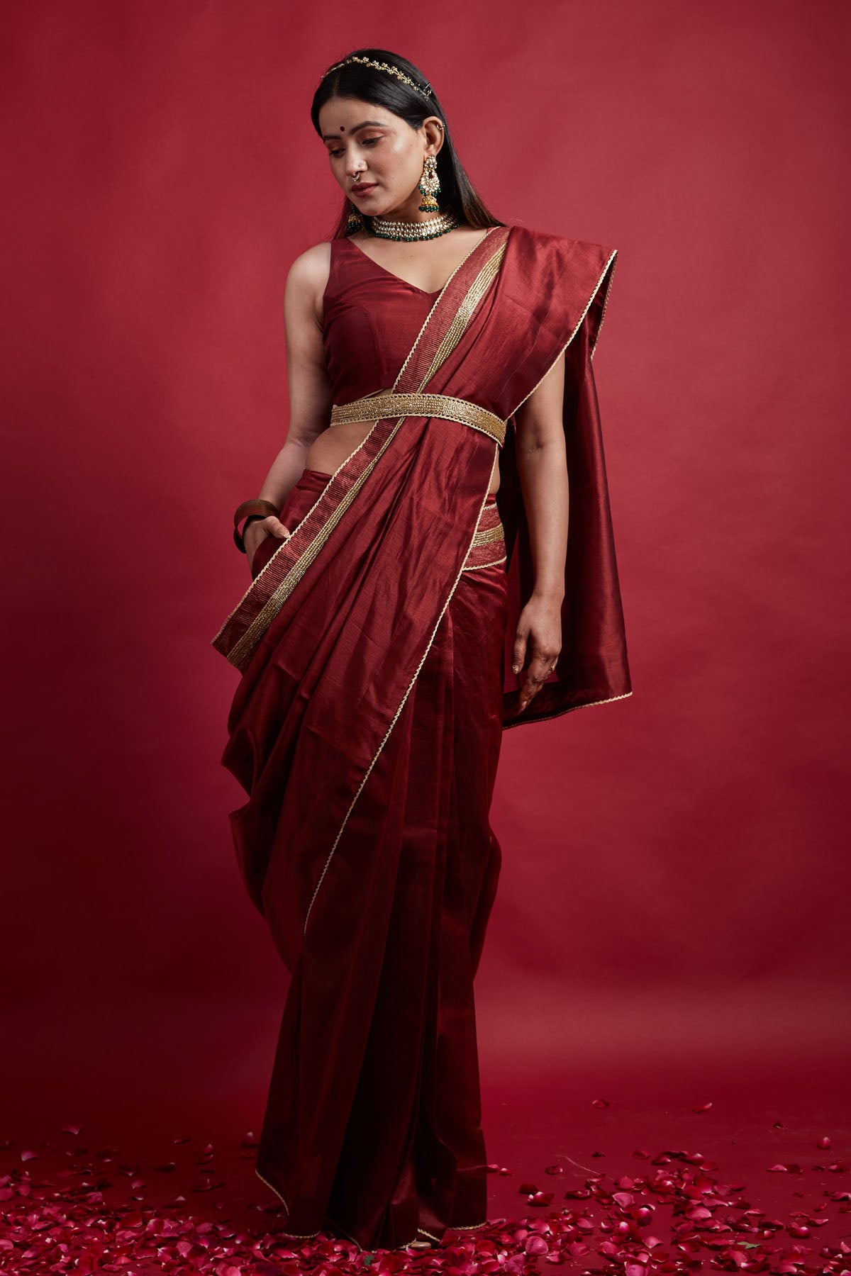 Maroon Chanderi Pre Stitched Saree