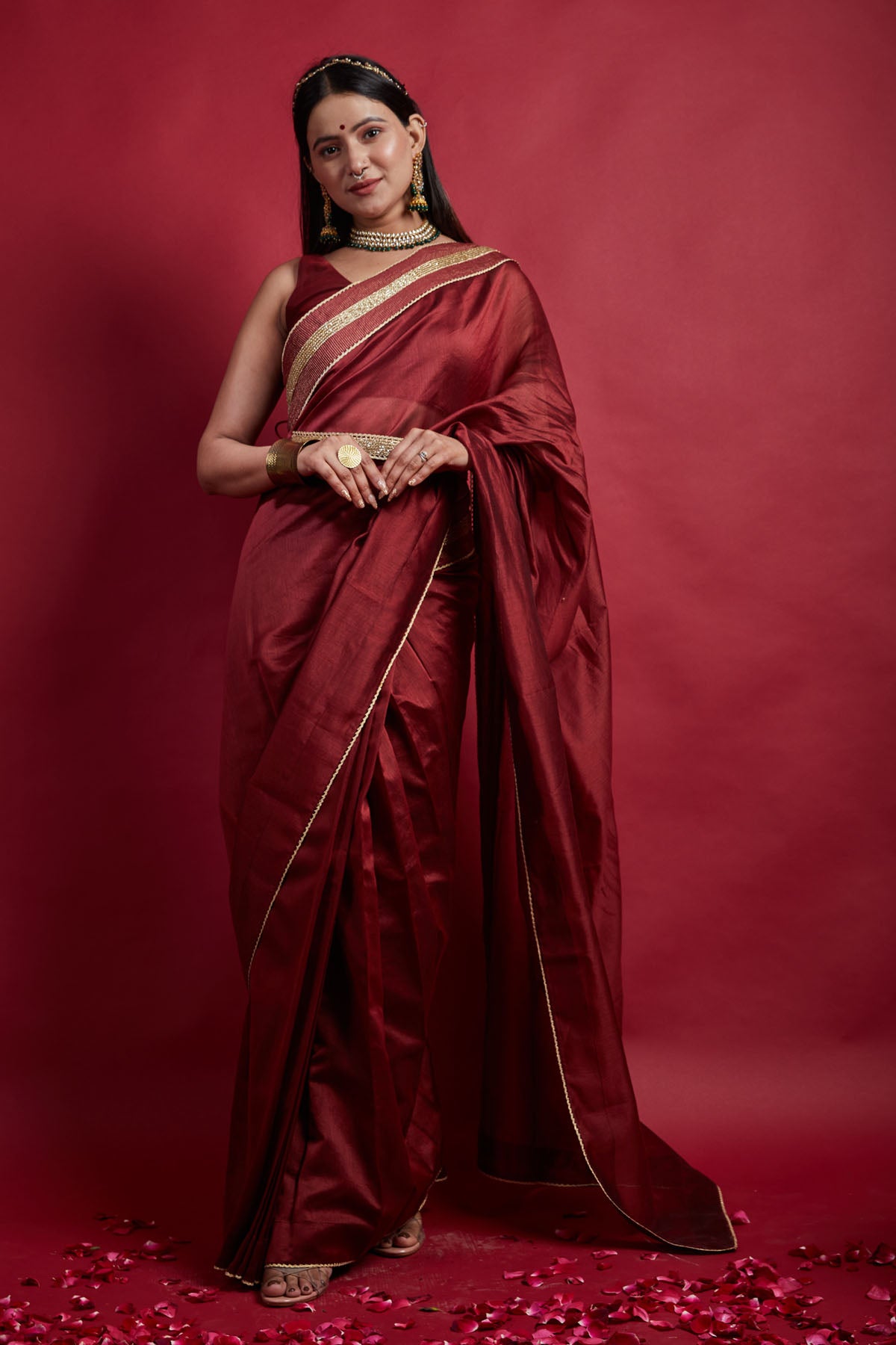 Maroon Chanderi Pre Stitched Saree