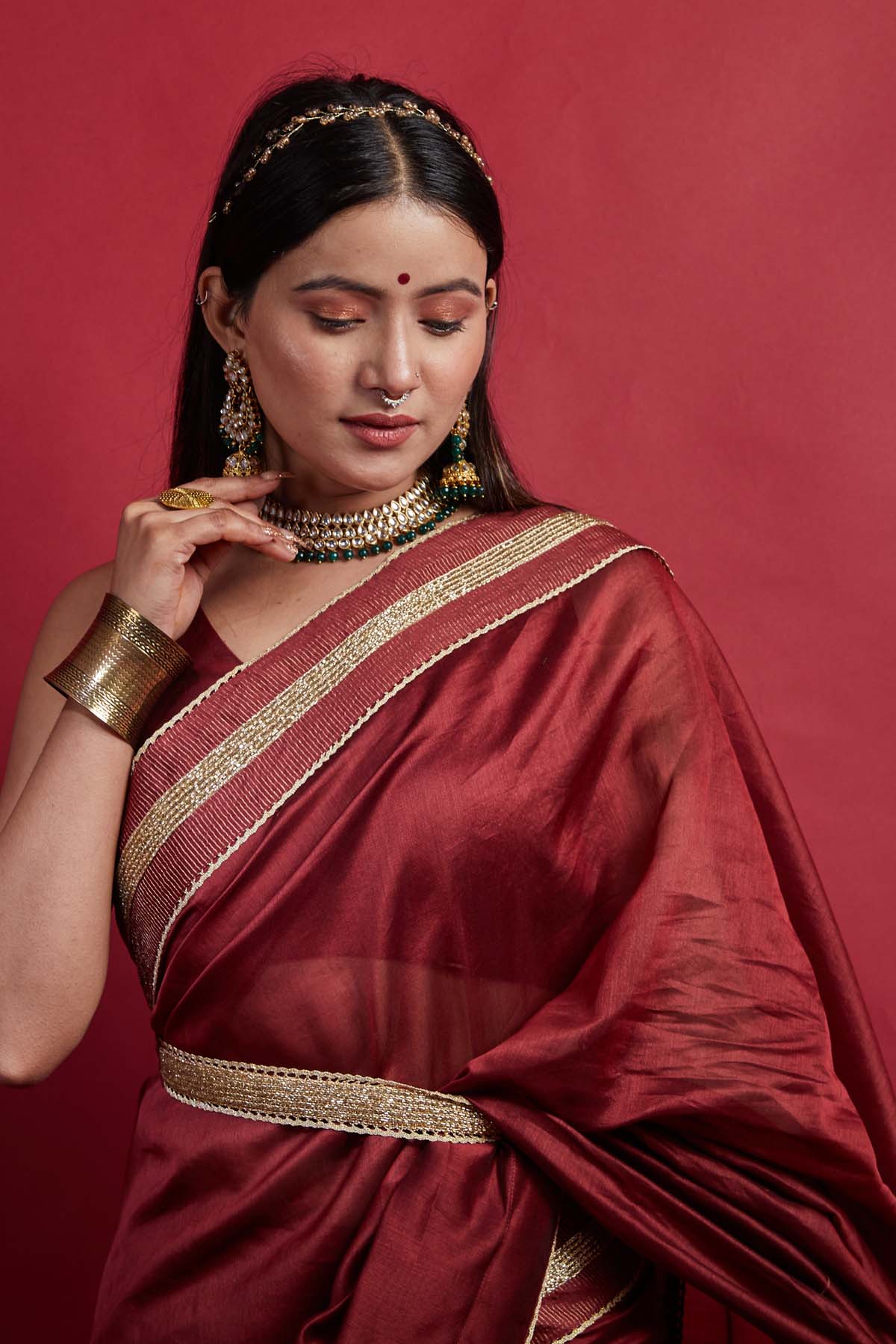 Maroon Chanderi Pre Stitched Saree