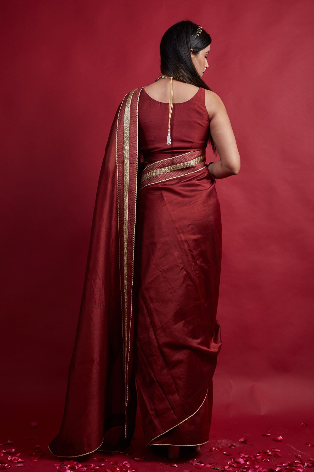 Maroon Chanderi Pre Stitched Saree