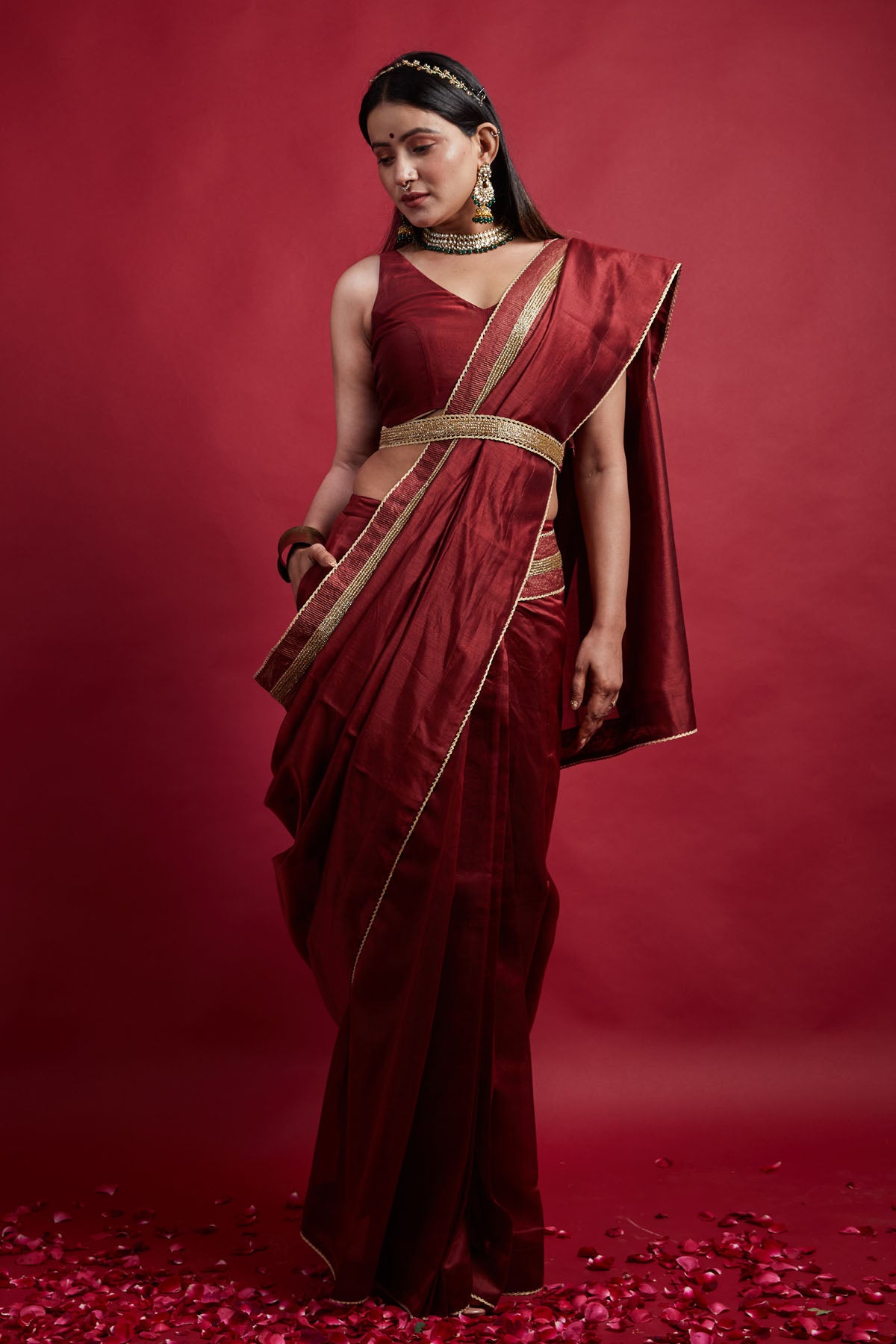 Maroon Pre Stitched Saree Set