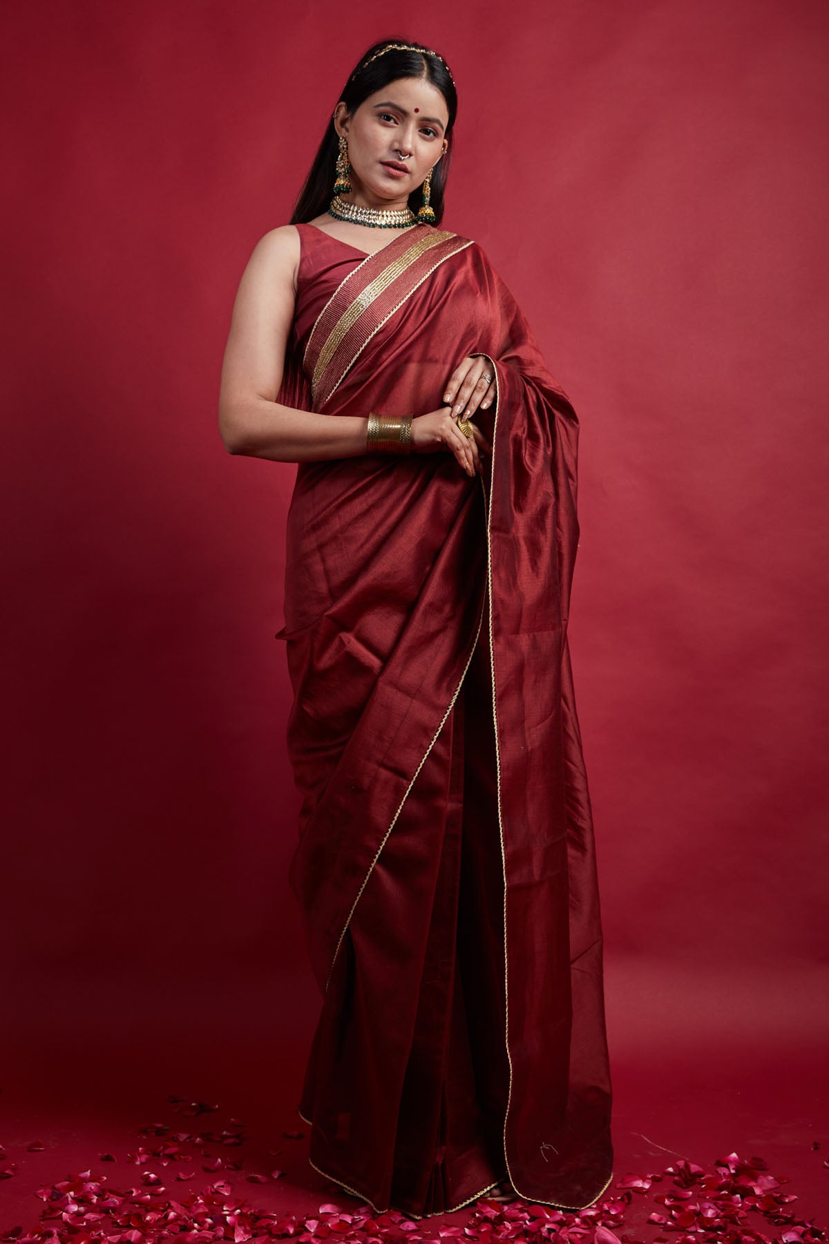 Maroon Pre Stitched Saree Set