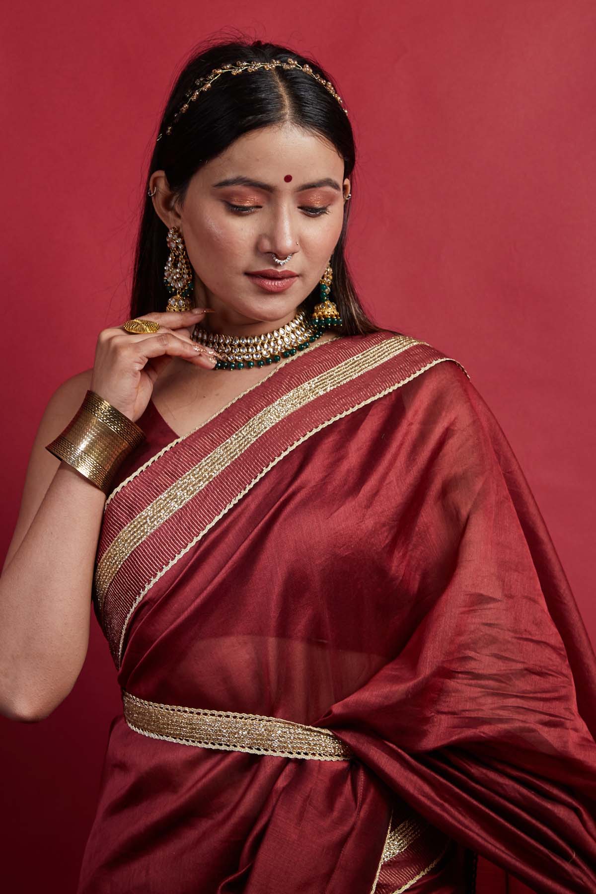 Maroon Pre Stitched Saree Set