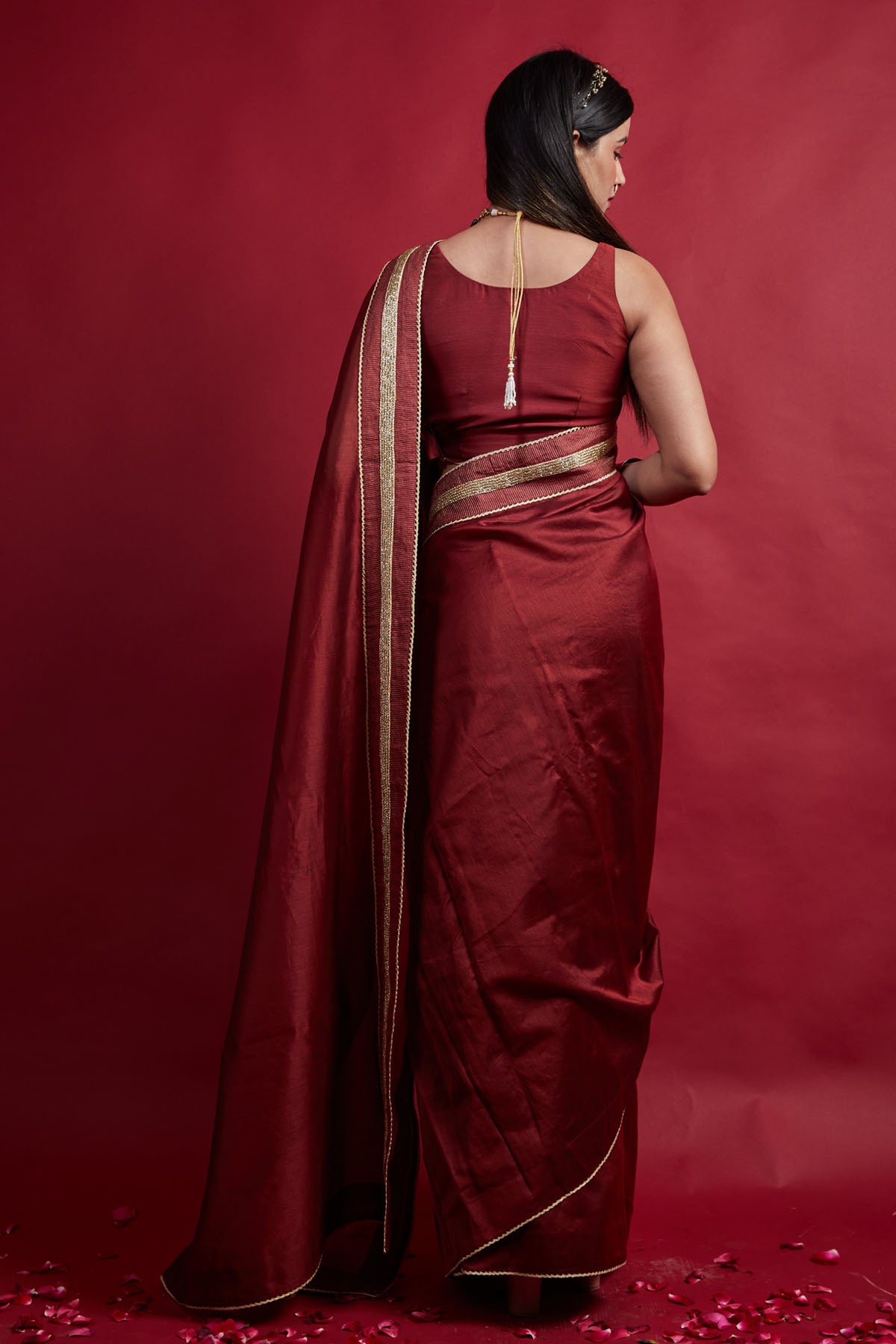Maroon Pre Stitched Saree Set