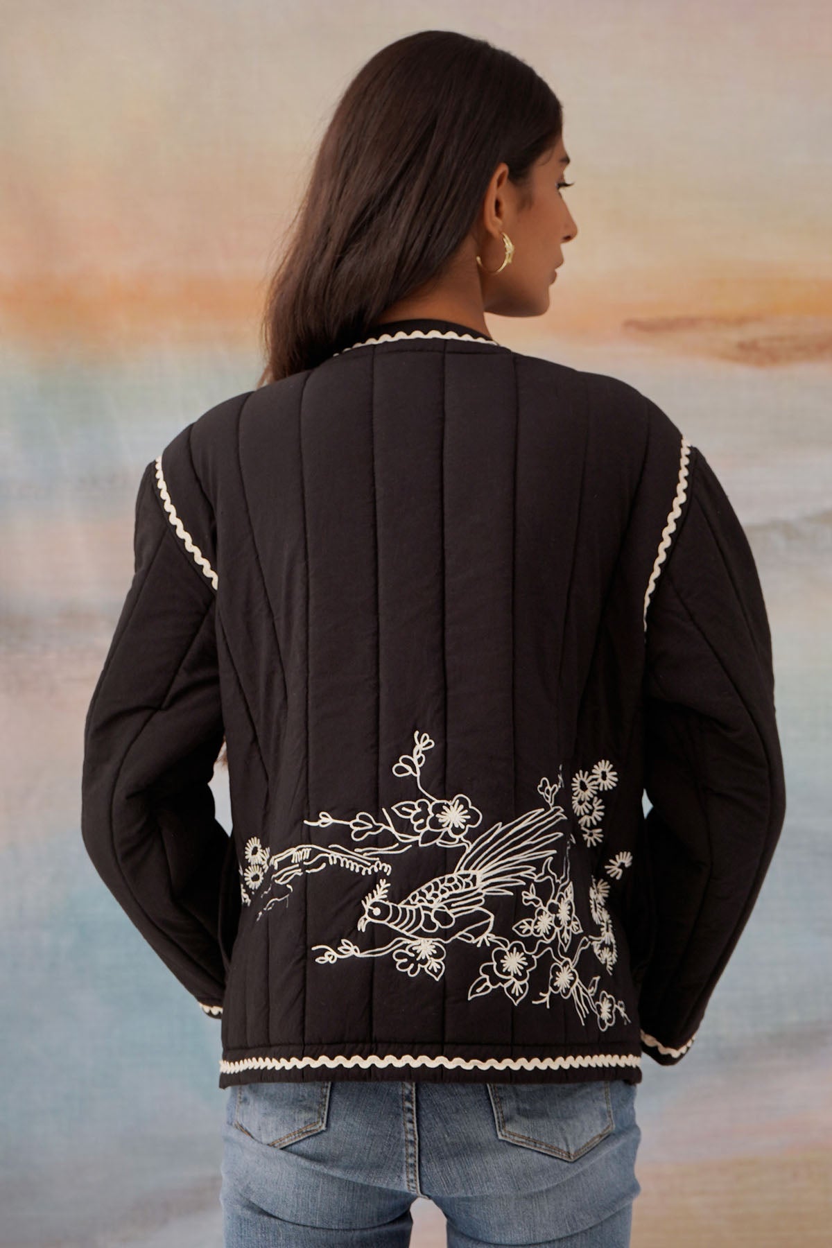 Embroidered Quilt Black Jacket