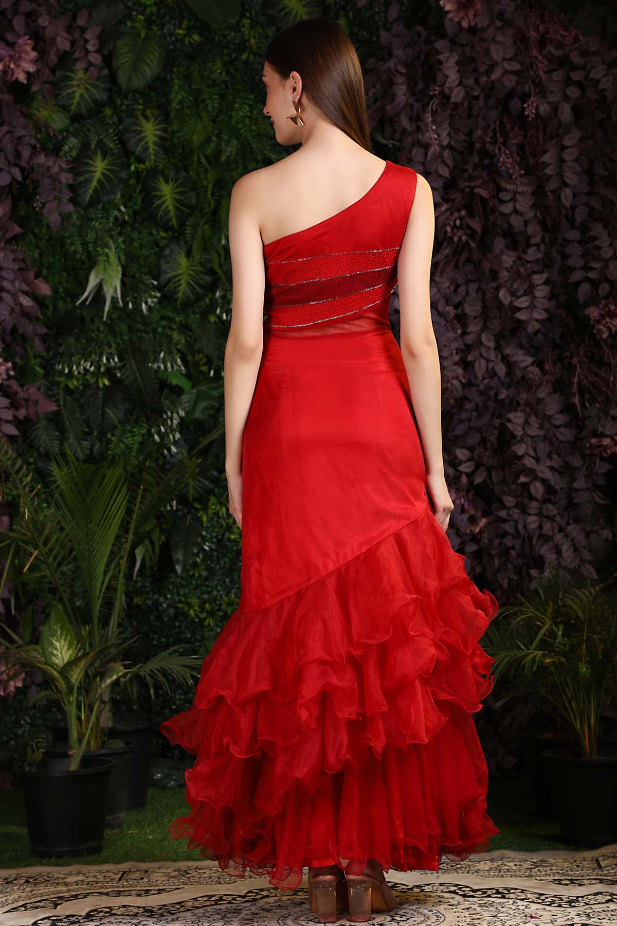 Embroidered Ruffle Drape Gown