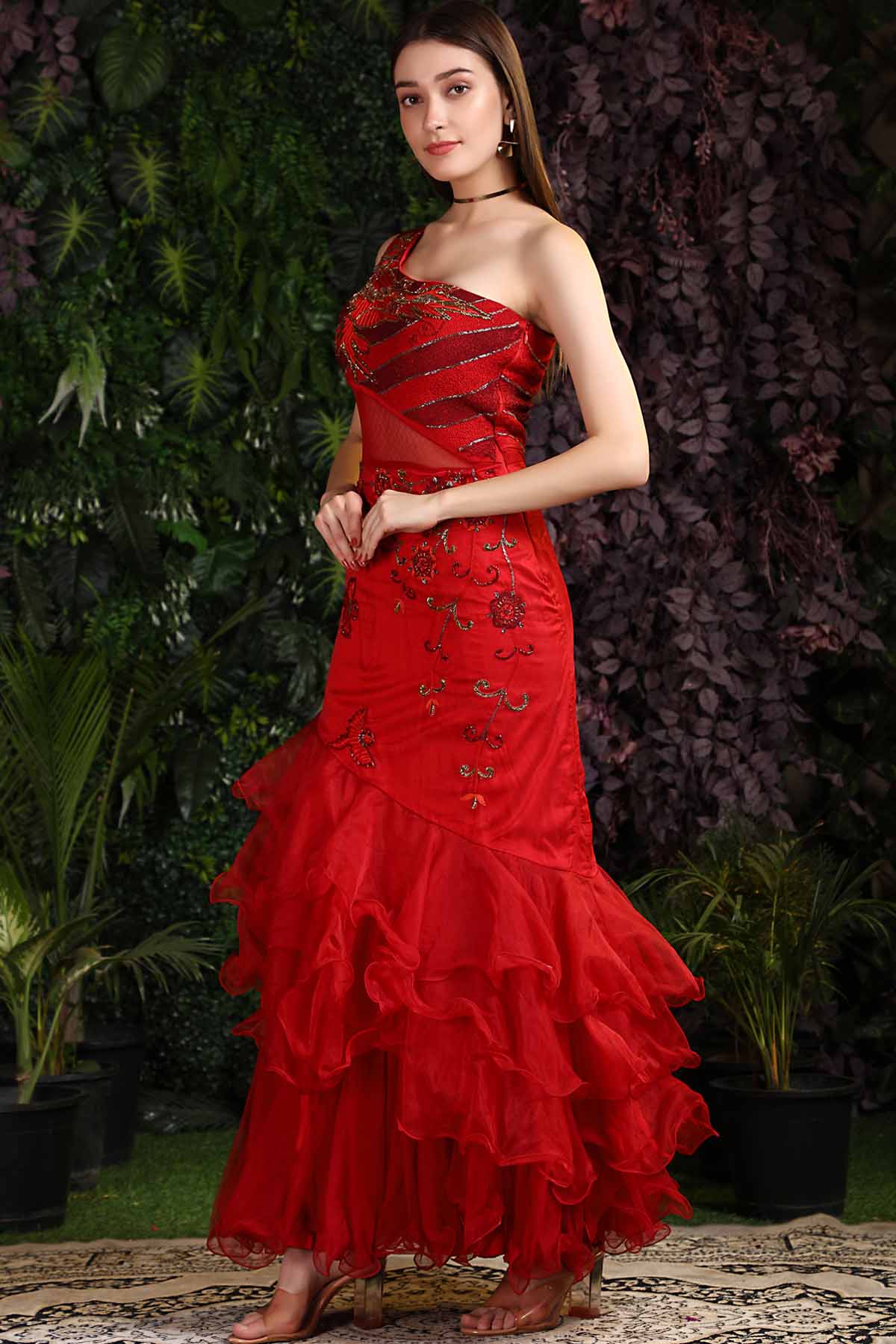 Embroidered Ruffle Drape Gown